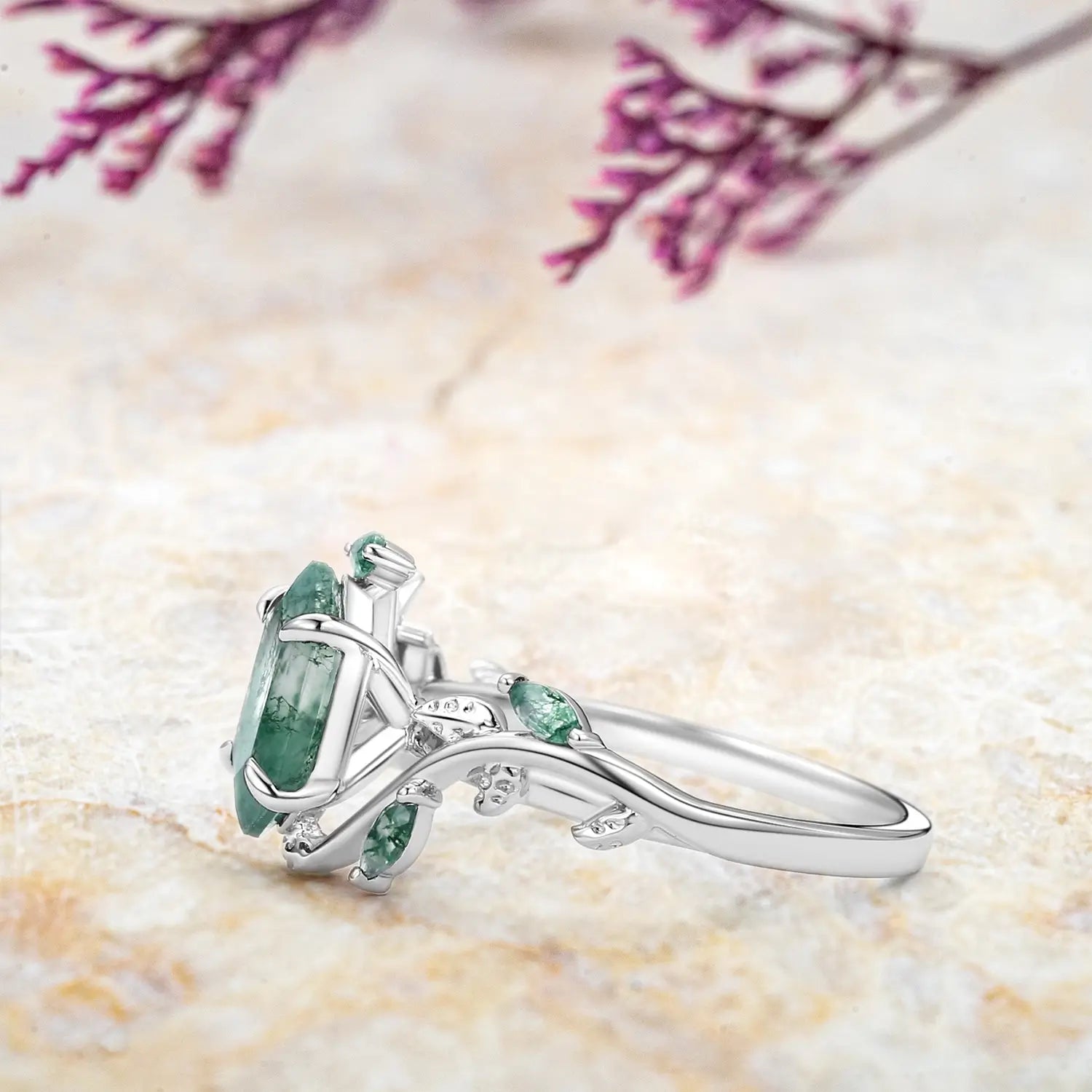 White Gold Rings Moss Agate Leaf Engagement Ring - Nature Inspired Jewelry custom anniversary gift