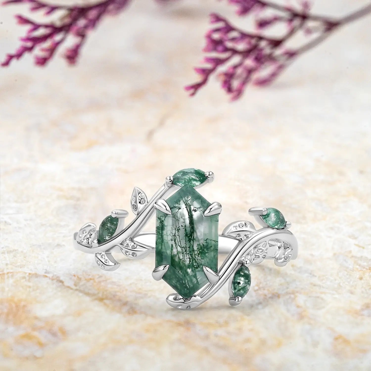 White Gold Rings Moss Agate Leaf Engagement Ring - Nature Inspired Jewelry custom anniversary gift