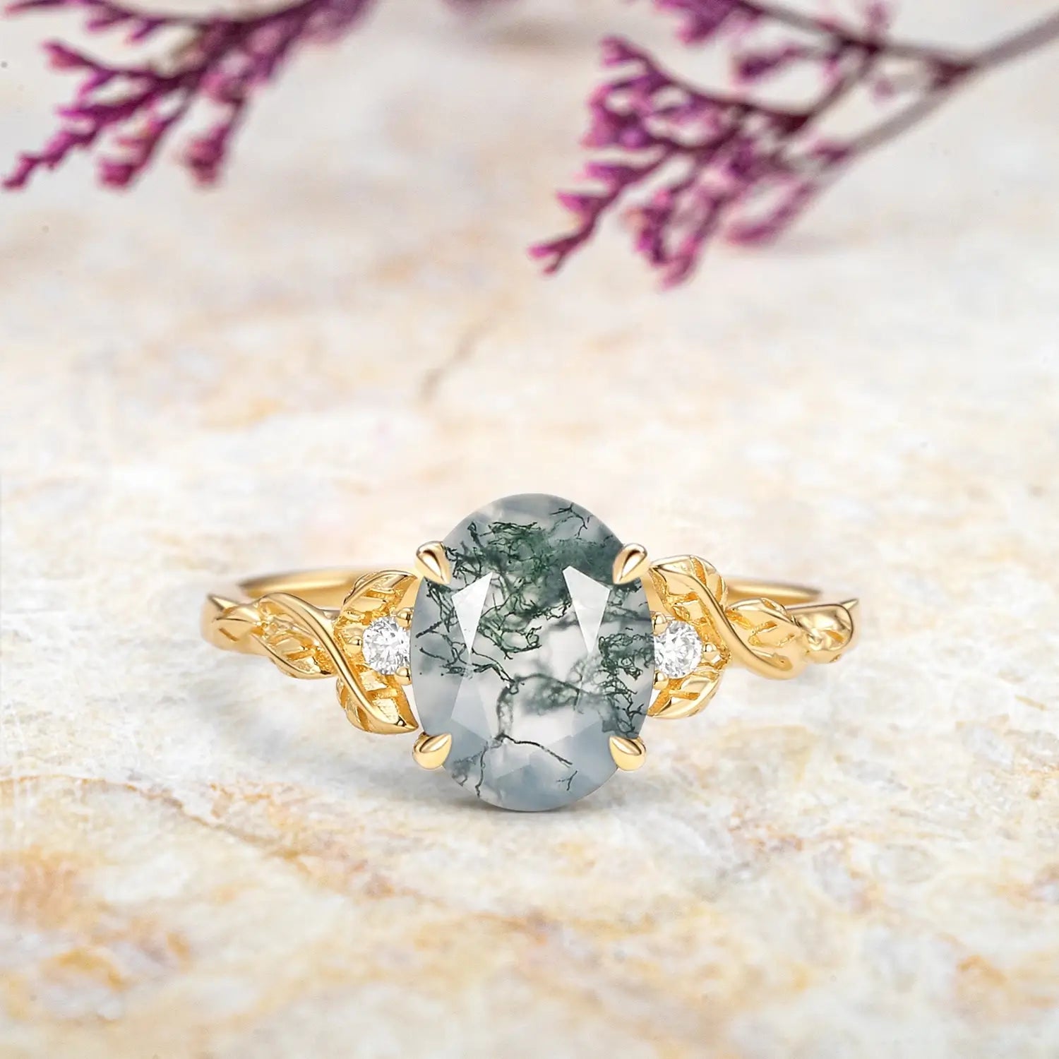 Oval Cut Moss Agate Leaf Engagement Rings - Elysian Prosperity Ring