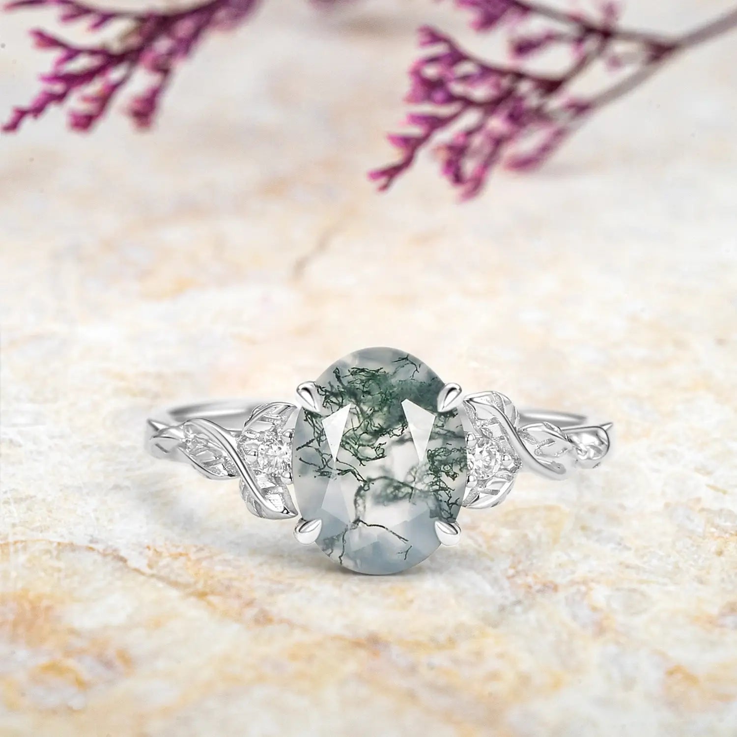 Oval Cut Moss Agate Leaf Engagement Rings - Elysian Prosperity Ring for ladies gift-white gold 18K