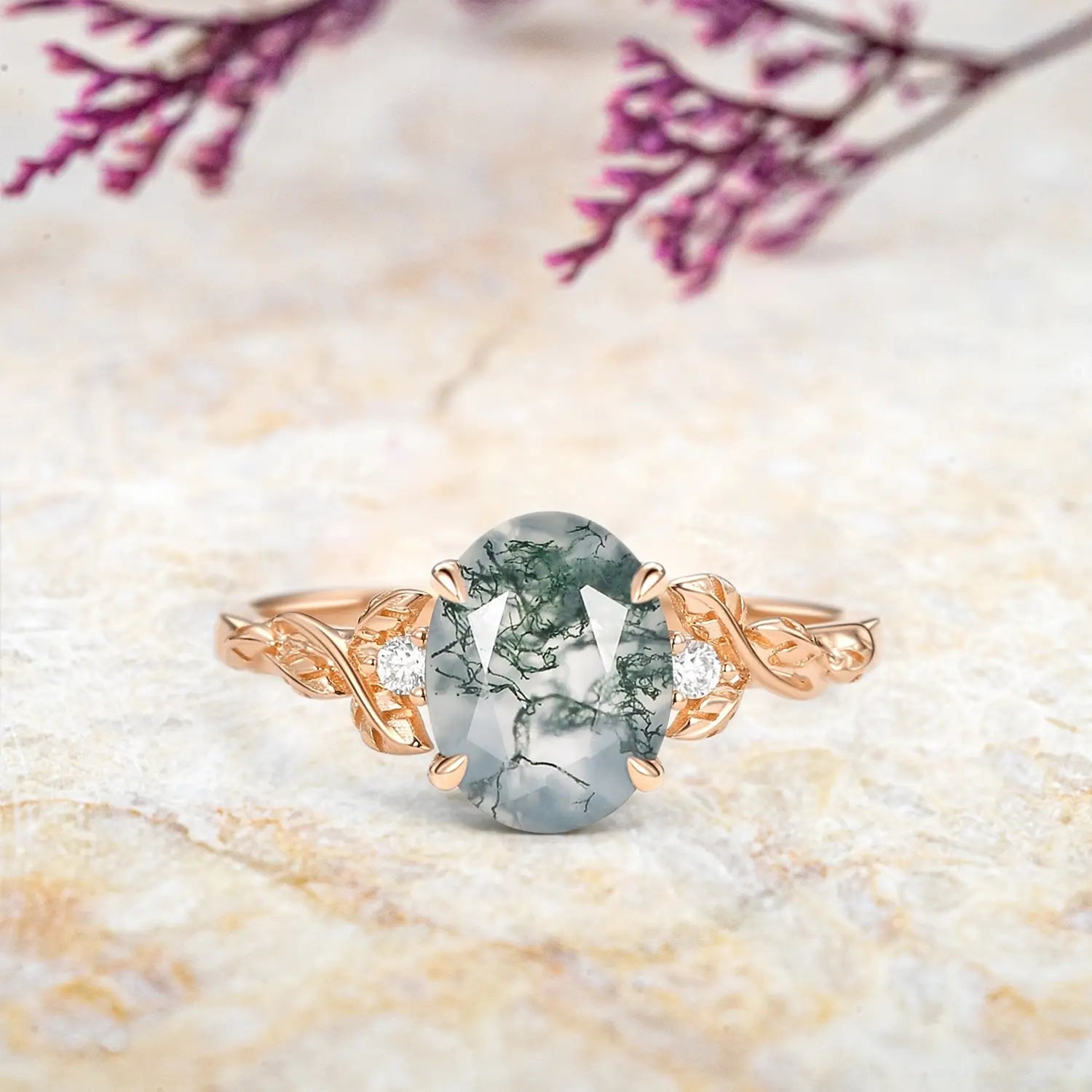 Oval Cut Moss Agate Leaf Engagement Rings - Elysian Prosperity Ring for ladies gift-rose gold 18K