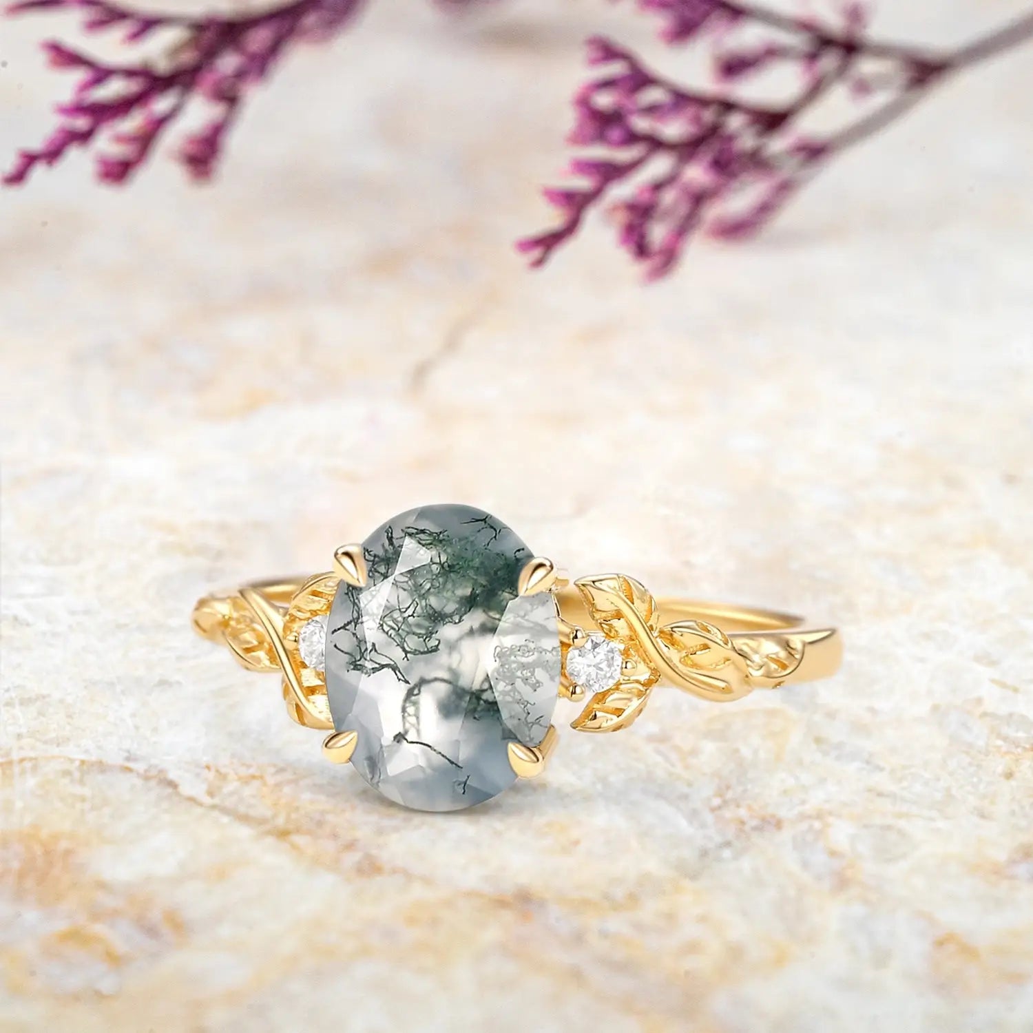 Oval Cut Moss Agate Leaf Engagement Rings - Elysian Prosperity Ring for ladies gift