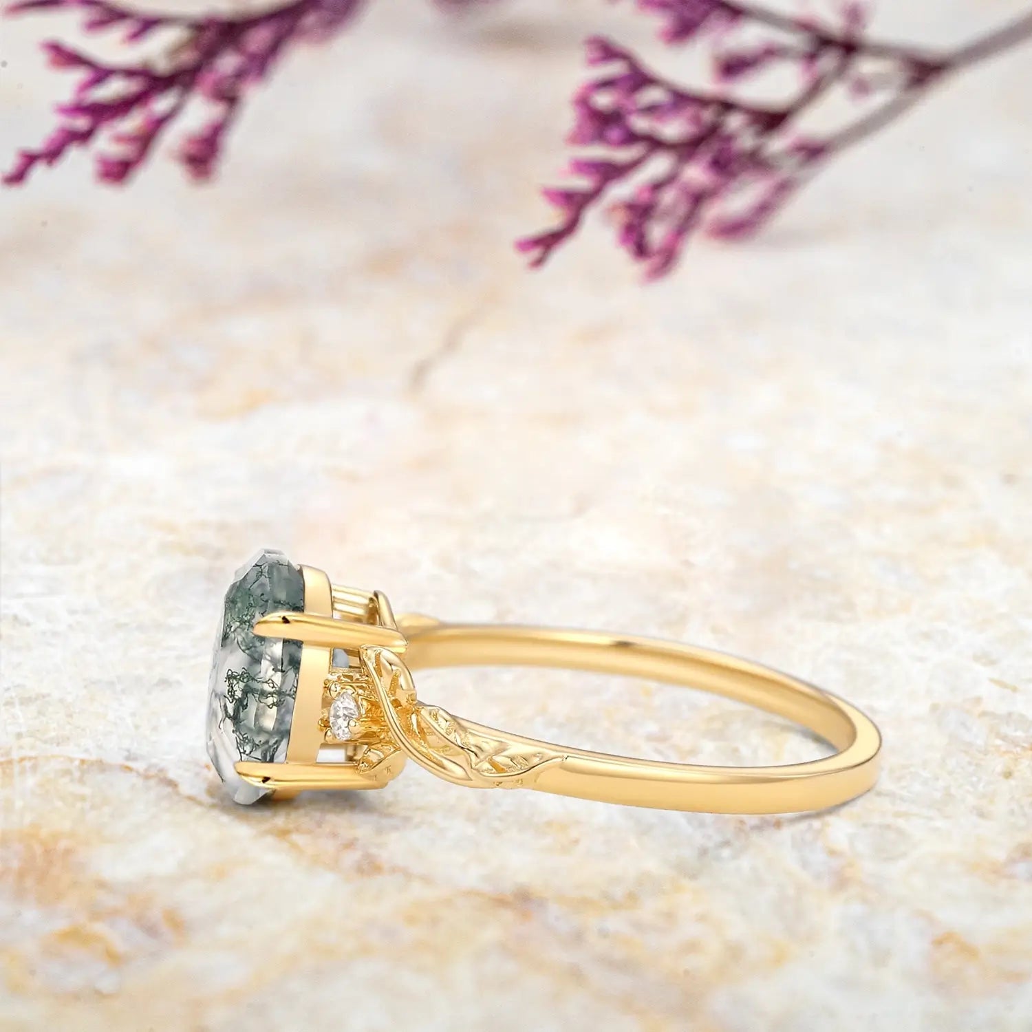 Oval Cut Moss Agate Leaf Engagement Rings - Elysian Prosperity Ring for ladies gift