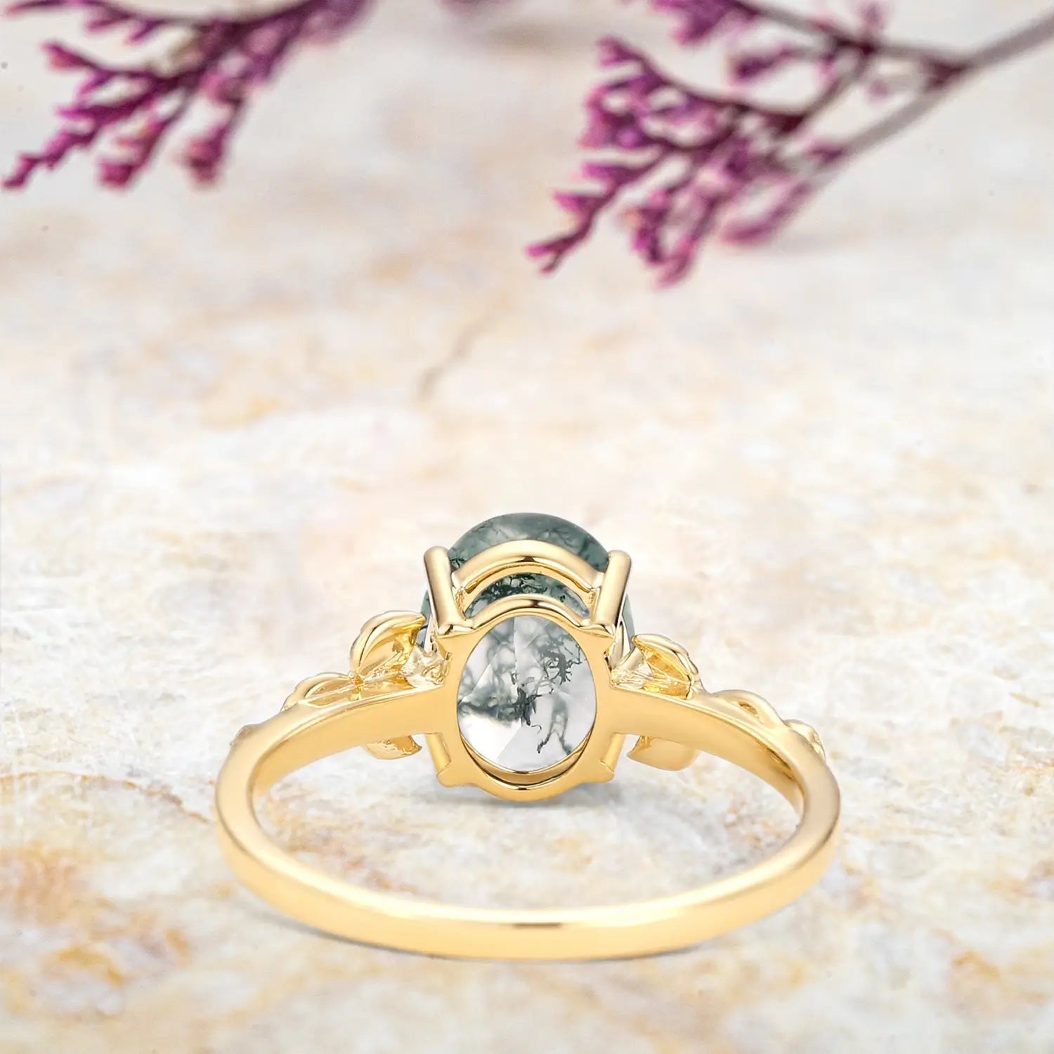 Oval Cut Moss Agate Leaf Engagement Rings - Elysian Prosperity Ring for ladies gift