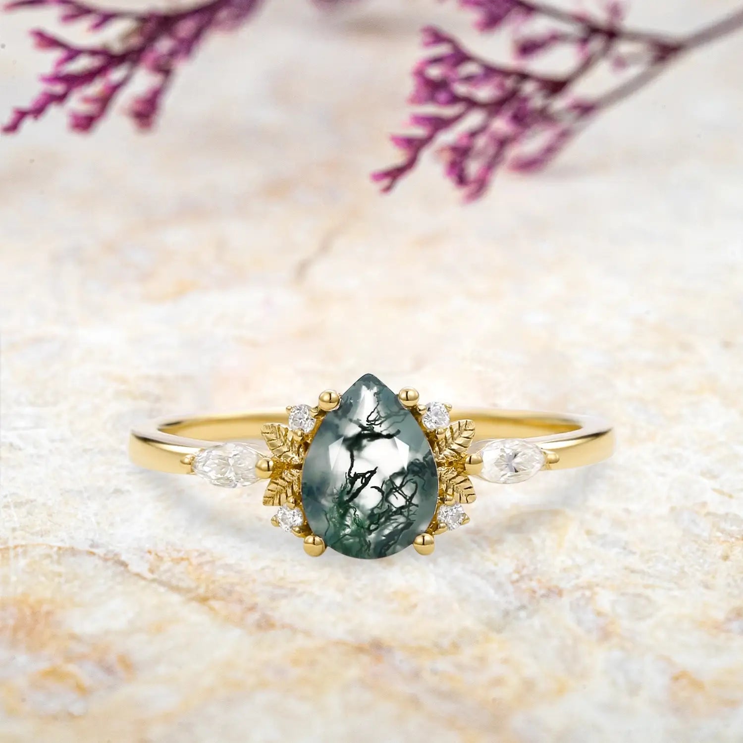 Pear Cut Moss Agate Engagement Rings Art Fairy Grove Ring Promise Gift - yellow gold ring 14k | orleone