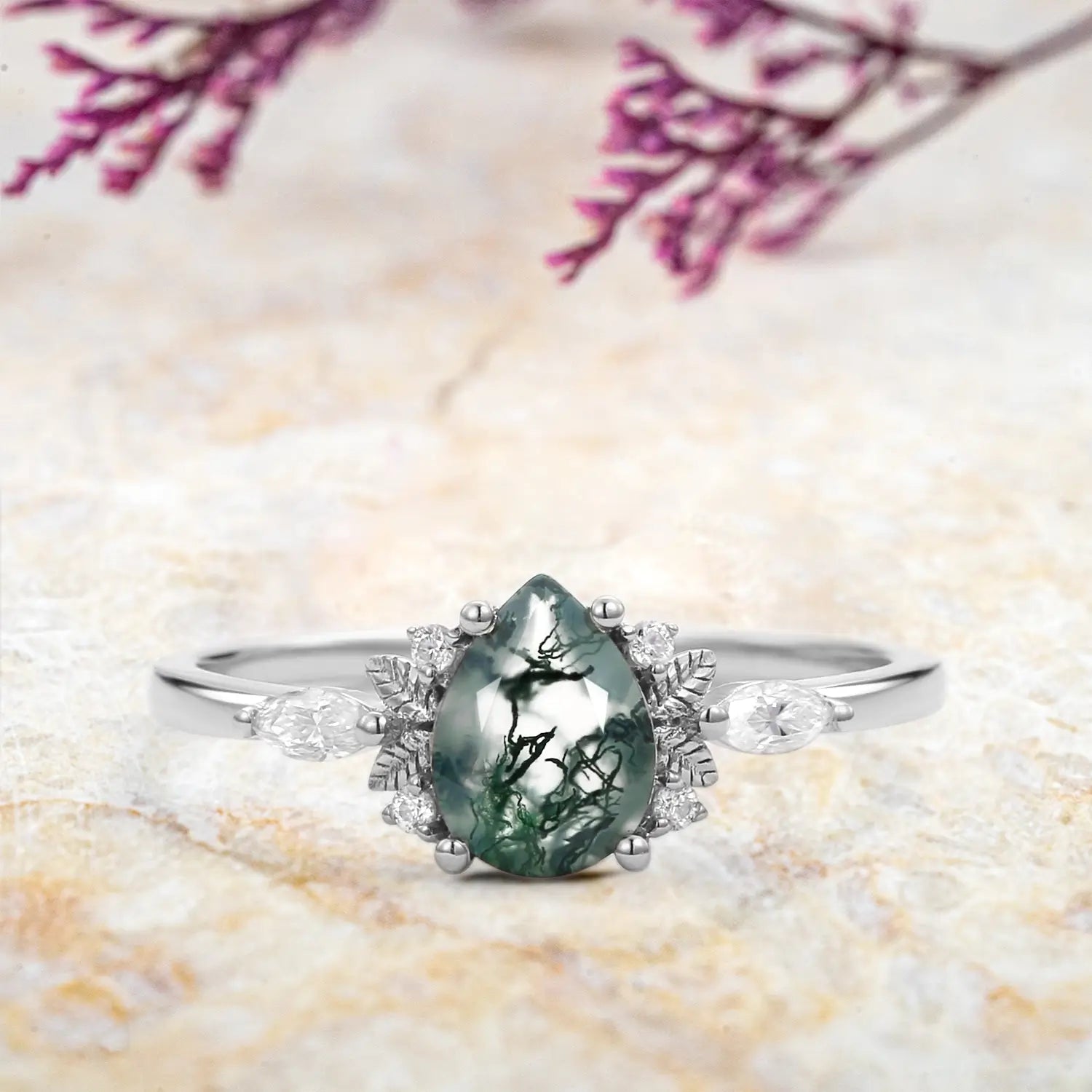 Pear Cut Moss Agate Engagement Rings Art Fairy Grove Ring Promise Gift - 14k white gold ring | orleone
