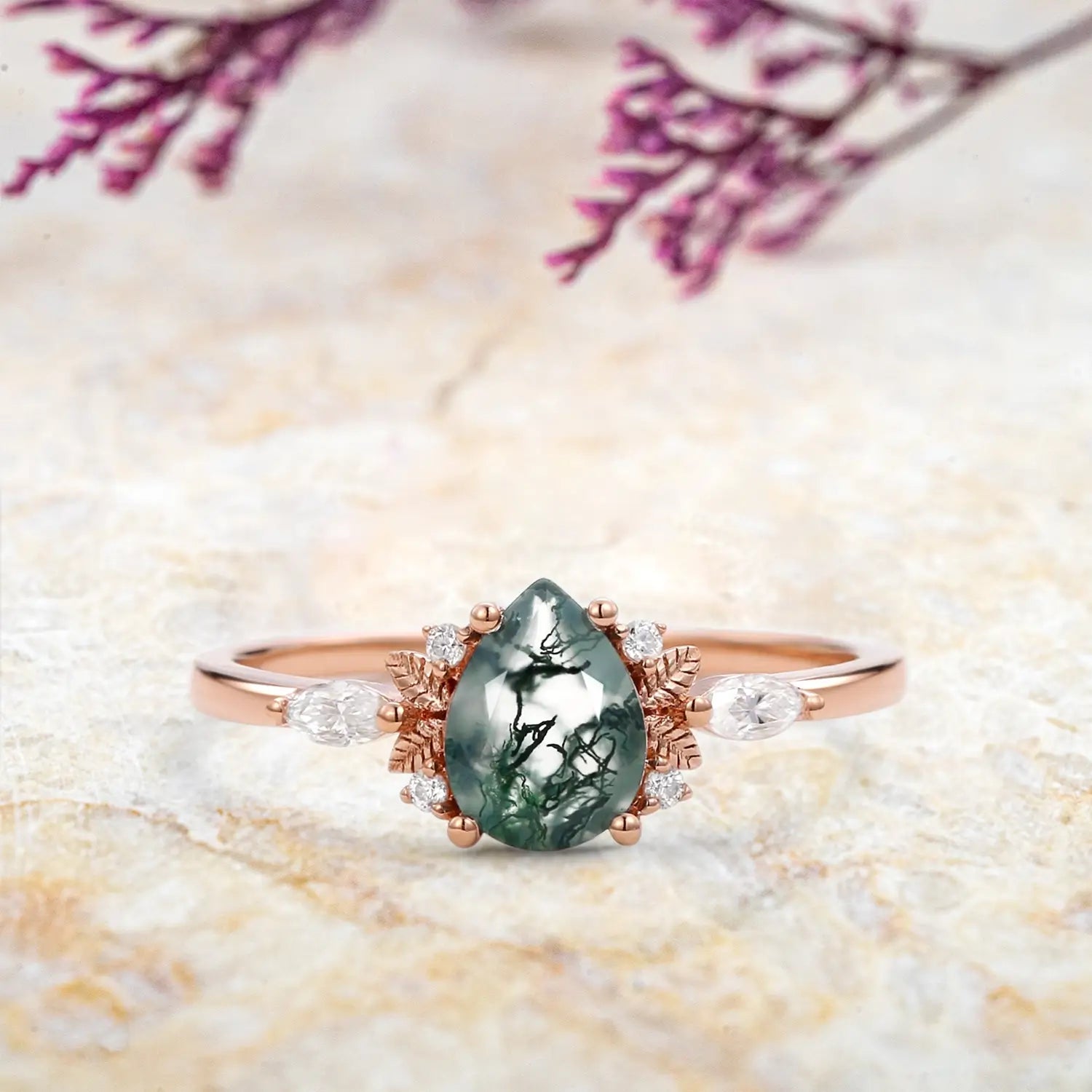 Pear Cut Moss Agate Engagement Rings Art Fairy Grove Ring Promise Gift - 14k rose gold ring | orleone