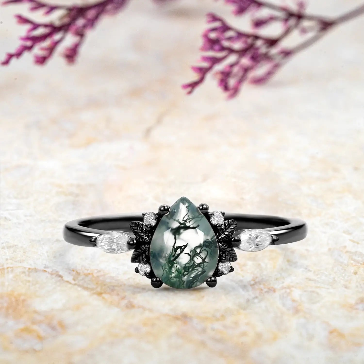 Pear Cut Moss Agate Engagement Rings Art Fairy Grove Ring Promise Gift - 14k black gold ring | orleone