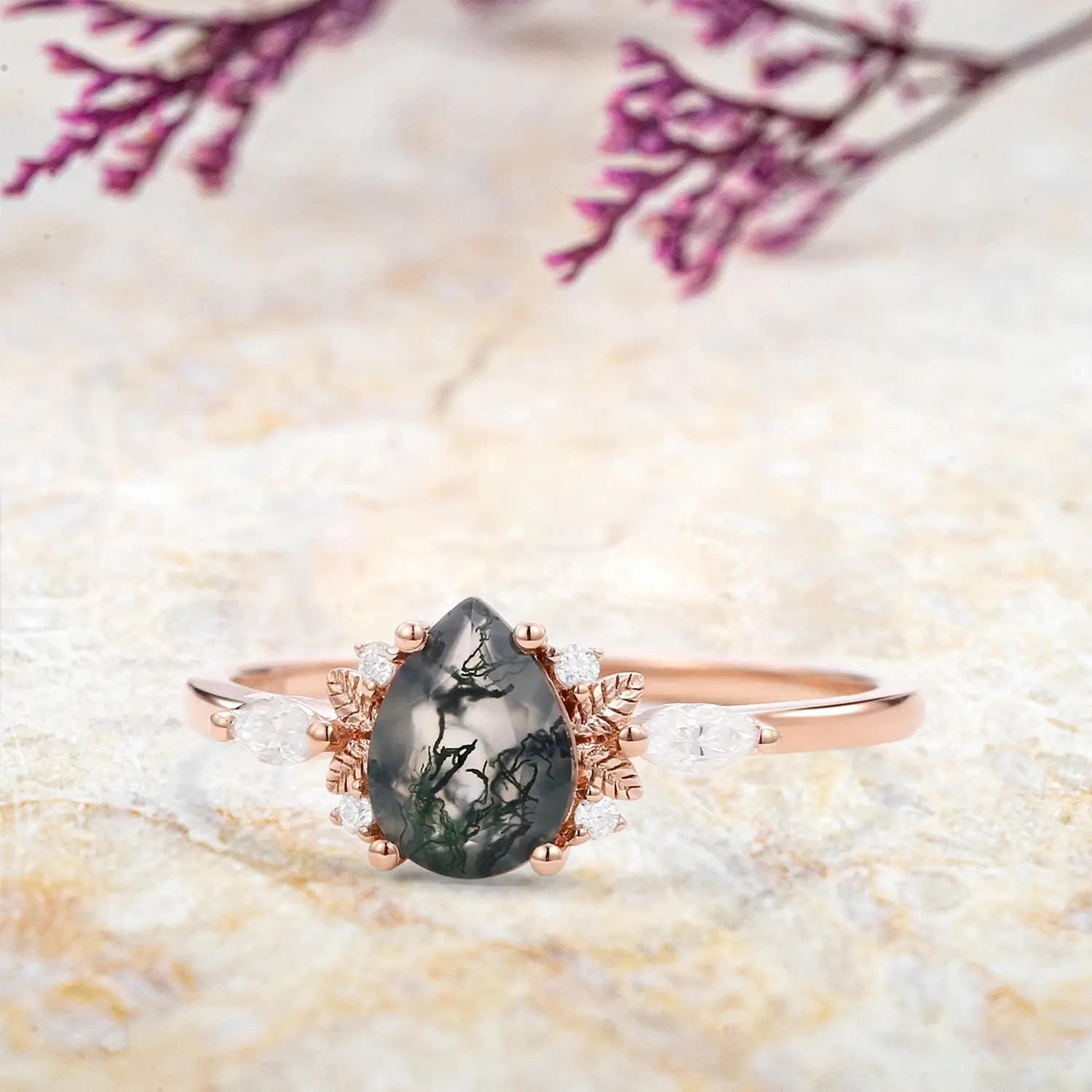 Pear Cut Moss Agate Engagement Rings Art Fairy Grove Ring Promise Gift - rose gold ring 14k | orleone