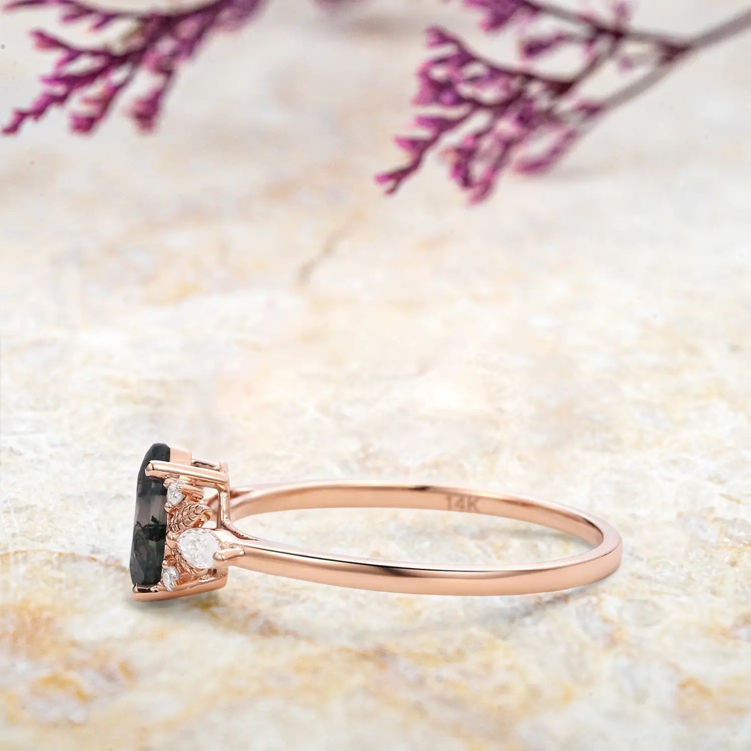 Pear Cut Moss Agate Engagement Rings Art Fairy Grove Ring Promise Gift - rose gold ring 14k | orleone
