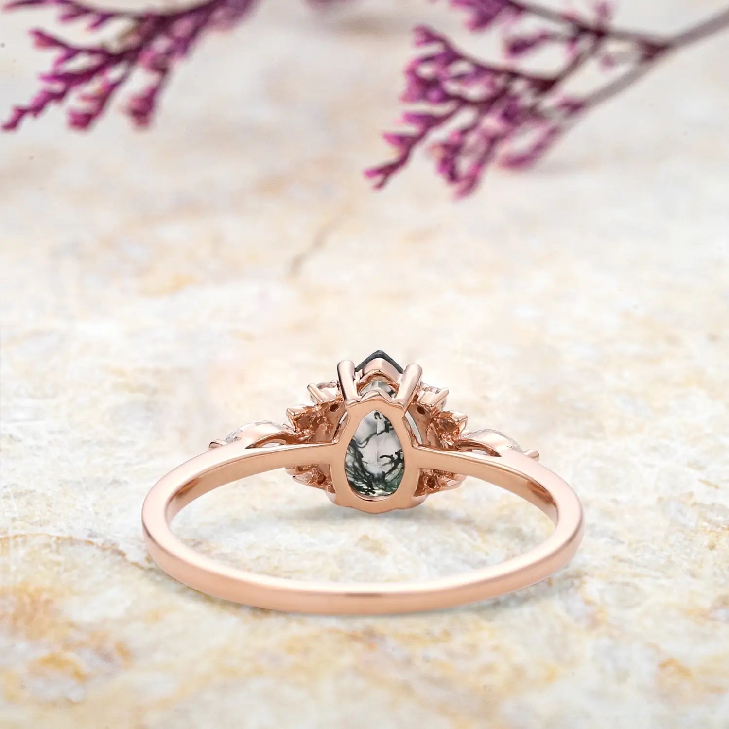 Pear Cut Moss Agate Engagement Rings Art Fairy Grove Ring Promise Gift - gold ring 14k | orleone