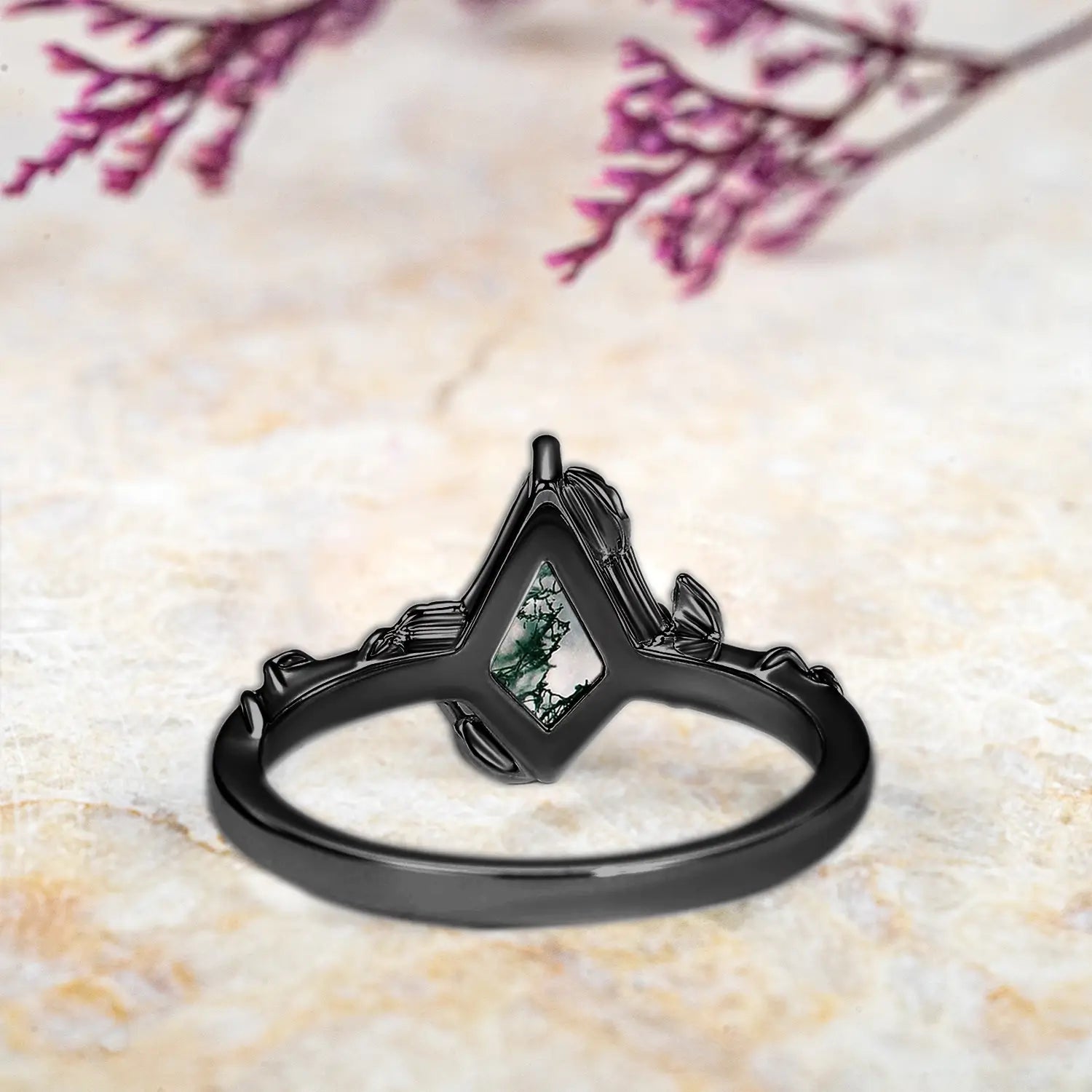 Kite Cut Moss Agate Engagement Rings 14K Black Gold Vine Whisper Ring for ladies promise gift