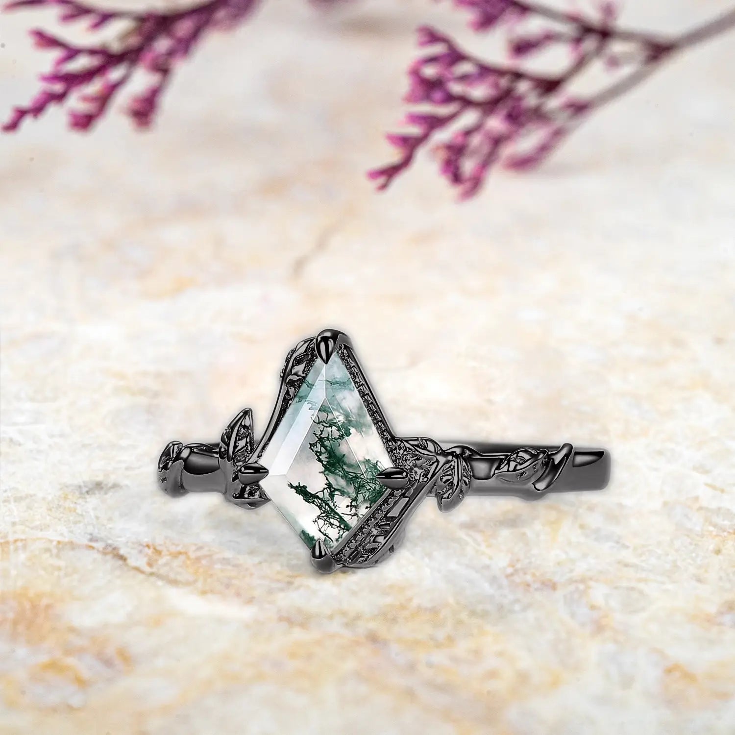 Kite Cut Moss Agate Engagement Rings 14K Black Gold Vine Whisper Ring for ladies promise gift