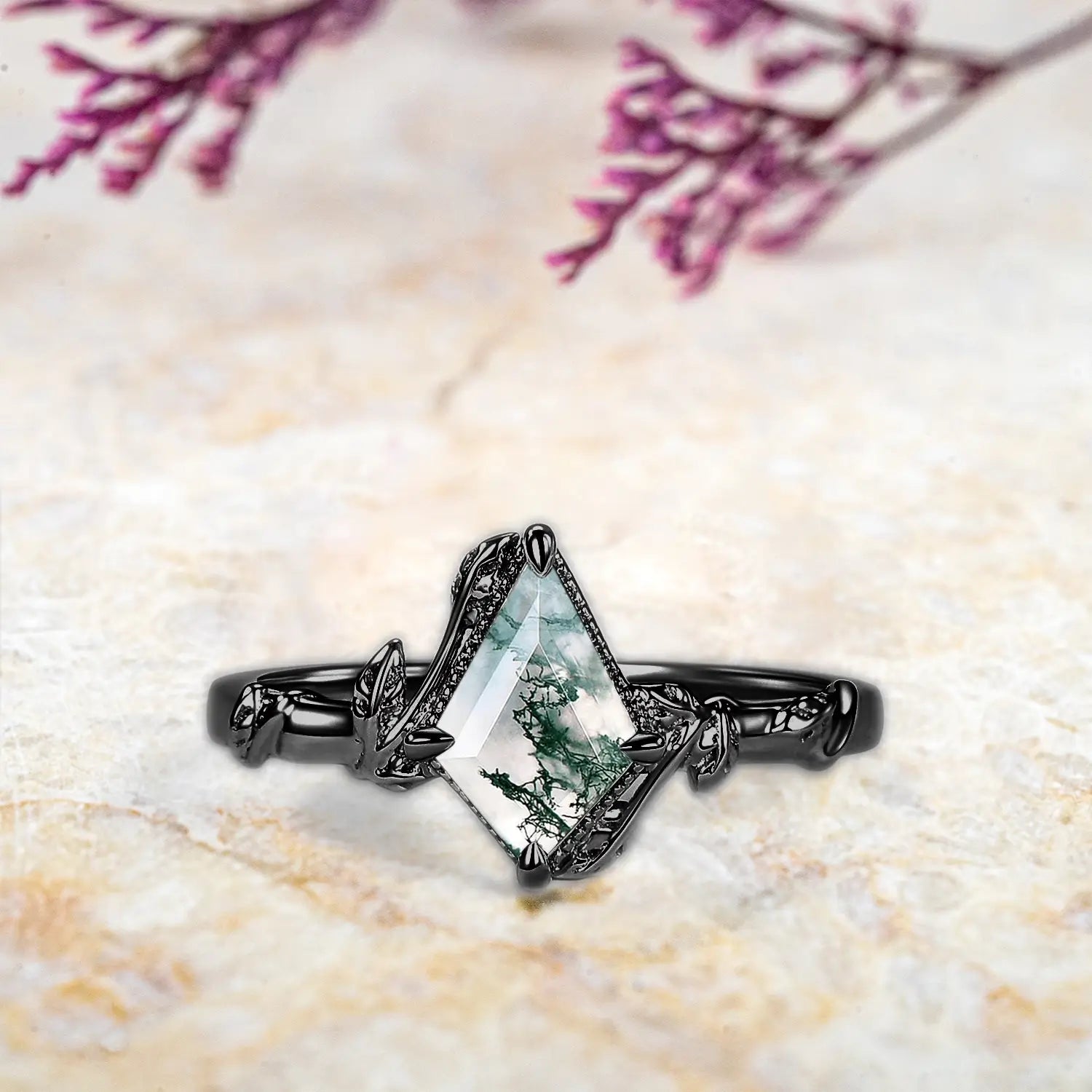 Kite Cut Moss Agate Engagement Rings 14K Black Gold Vine Whisper Ring for ladies promise gift