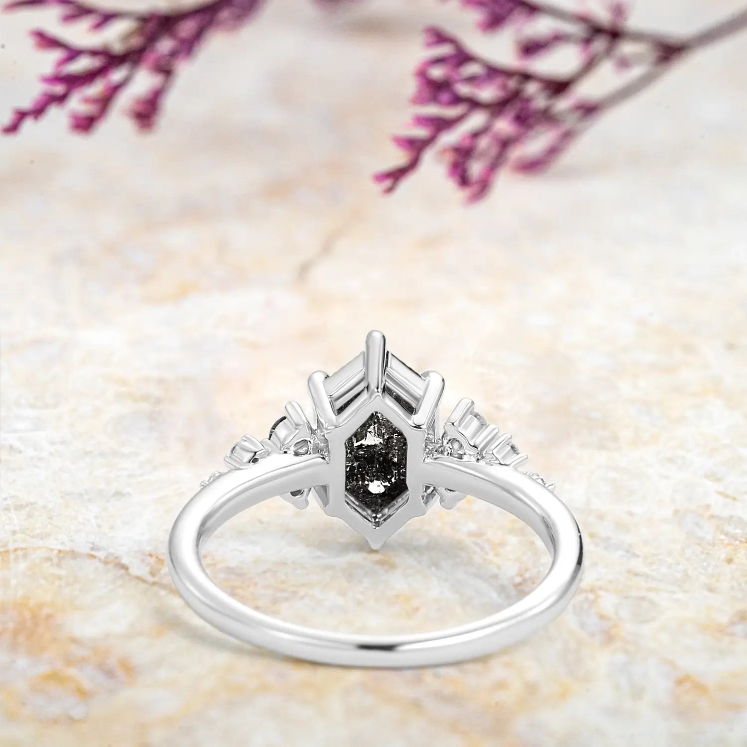 handmade custom Long Hexagon Salt and Pepper Diamonds Stacking Engagement Rings - Cluster Rings