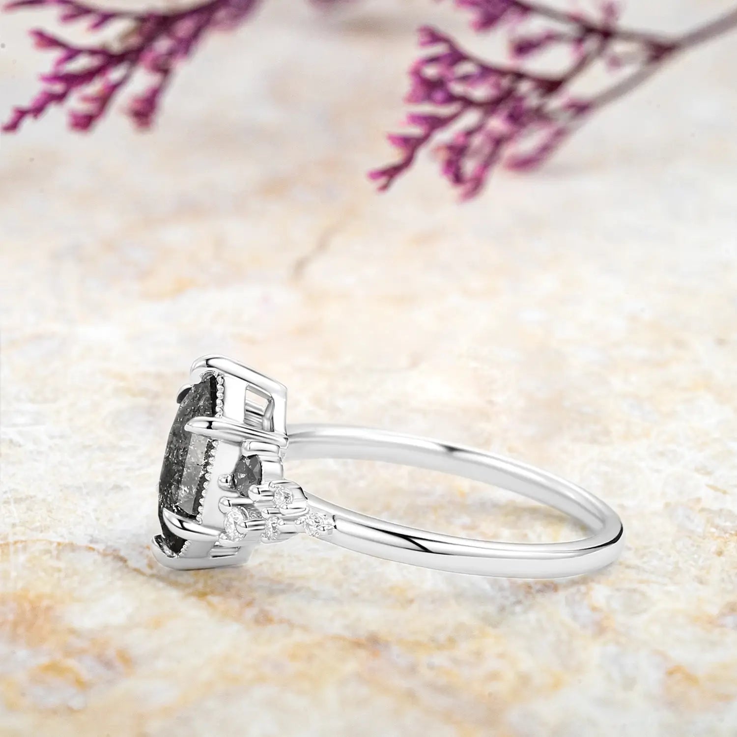 handmade custom Long Hexagon Salt and Pepper Diamonds Stacking Engagement Rings - Cluster Rings
