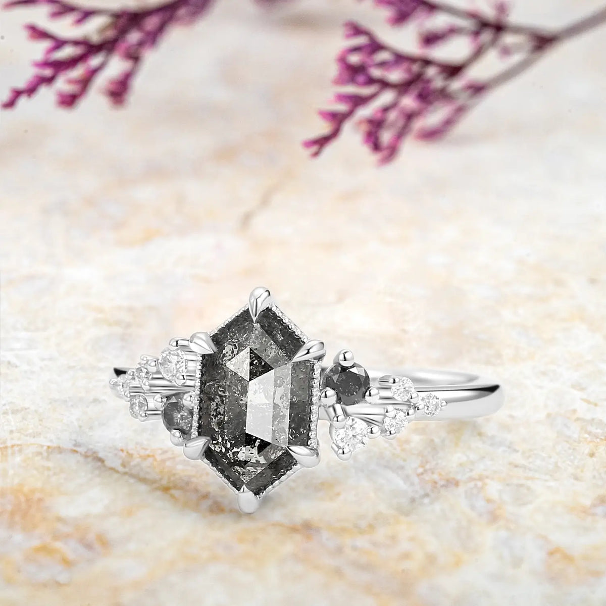 handmade custom Long Hexagon Salt and Pepper Diamonds Stacking Engagement Rings - Cluster Rings
