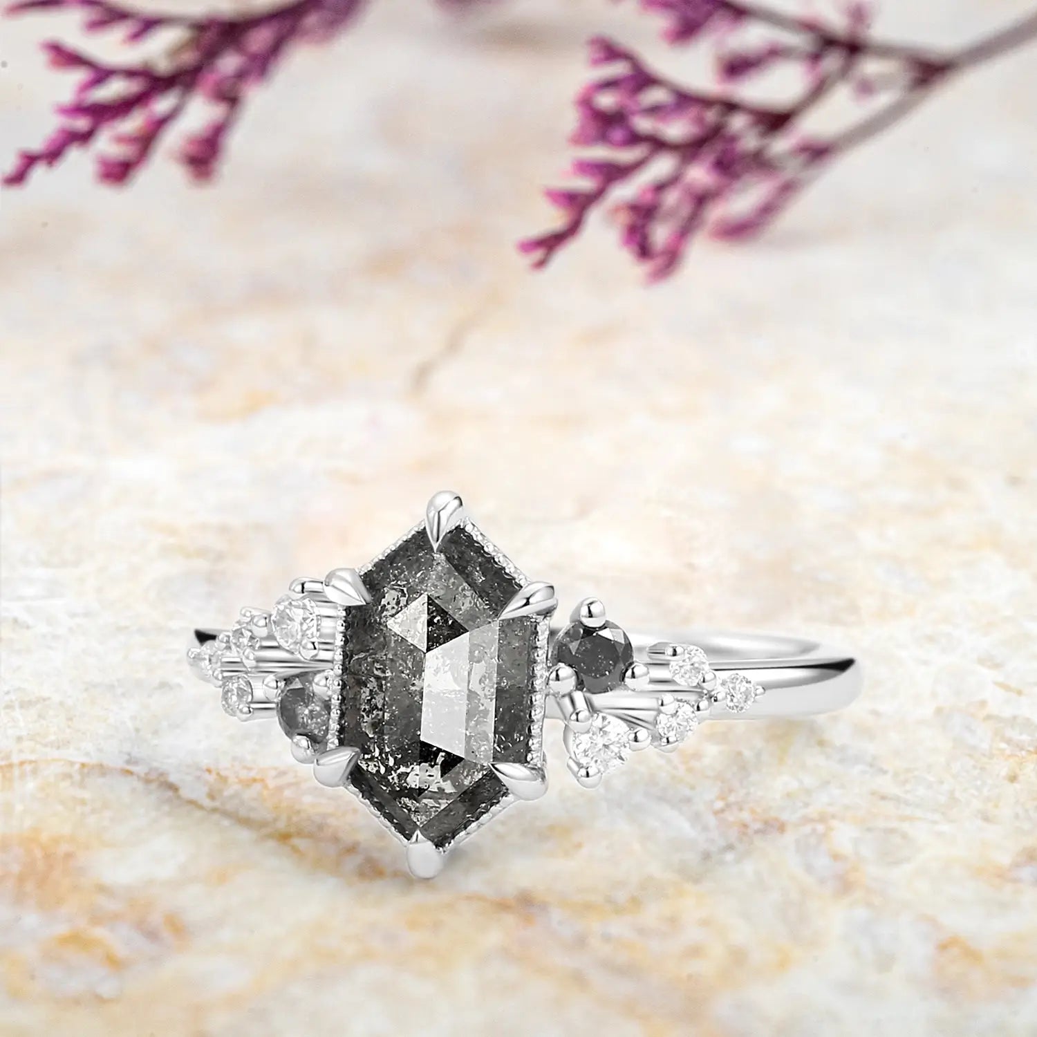handmade custom Long Hexagon Salt and Pepper Diamonds Stacking Engagement Rings - Cluster Rings