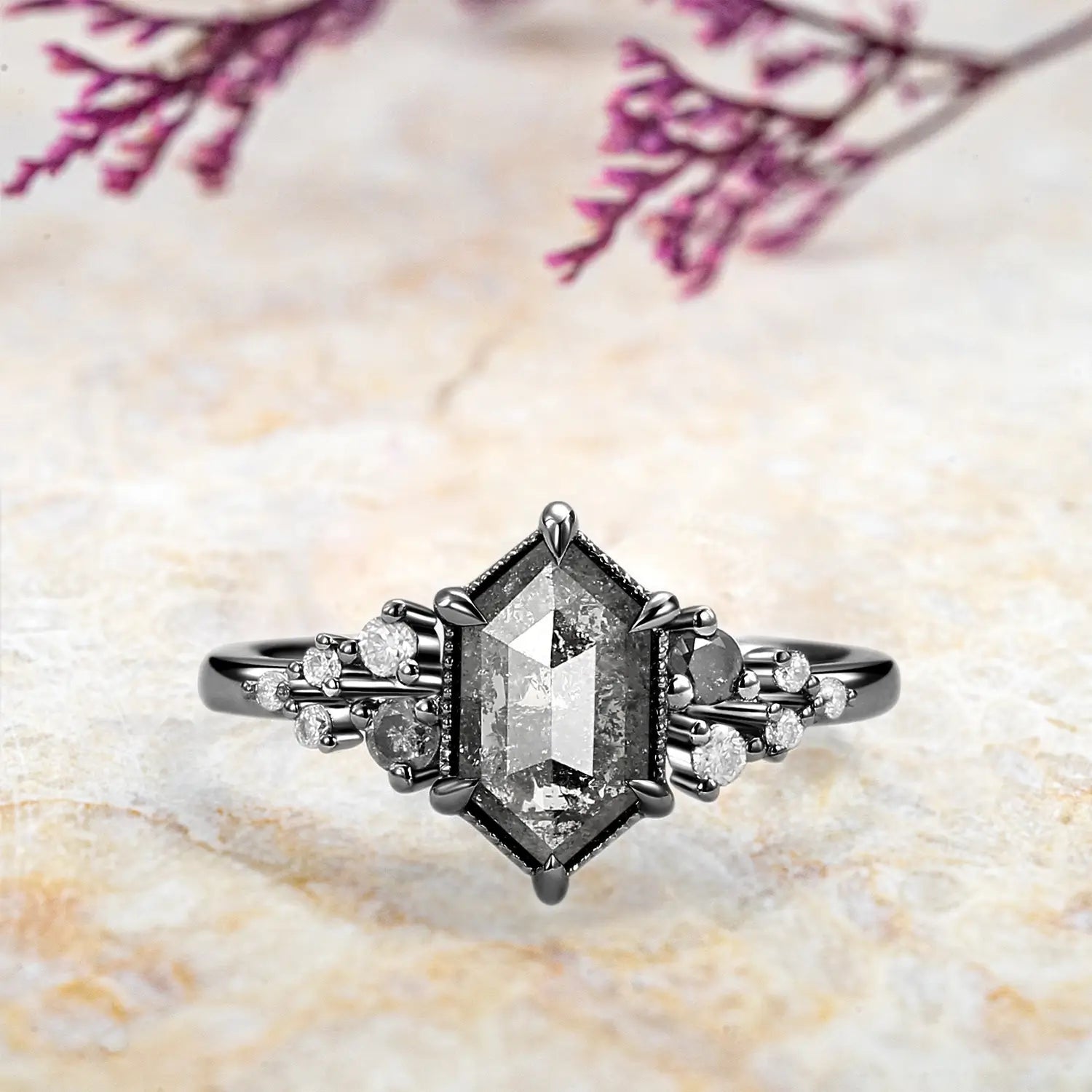 handmade custom Long Hexagon Salt and Pepper Diamonds Stacking Engagement Rings - Cluster Rings black gold