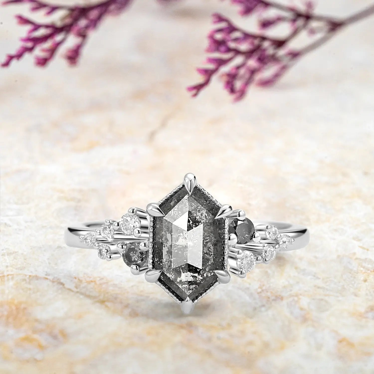 handmade custom Long Hexagon Salt and Pepper Diamonds Stacking Engagement Rings - Cluster Rings