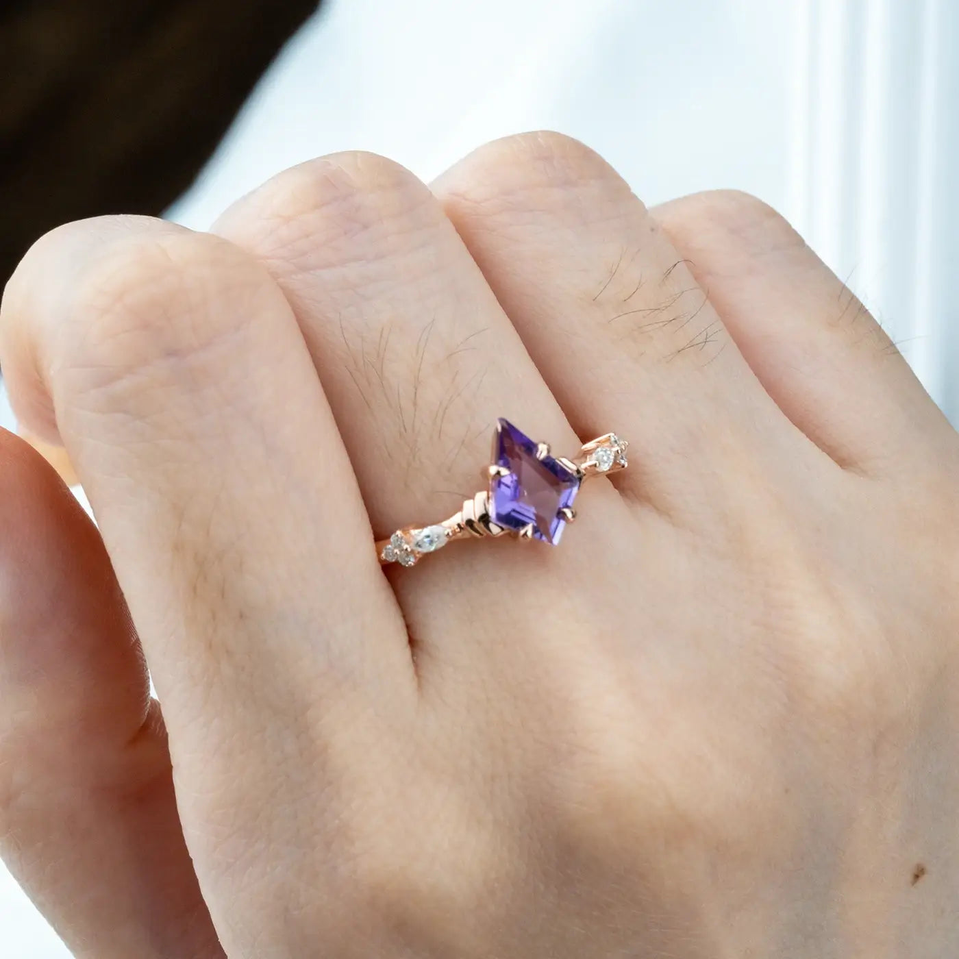 Modern Art Kite Amethyst Promise Rings – February Birthstone