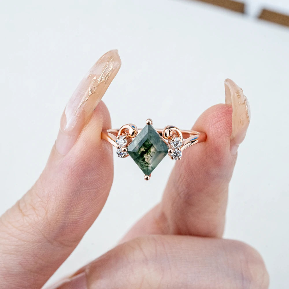Custom Unique Princess Cut Moss Agate Ring | Zodiac Gold Ring - Aries For ladies anniversary gift