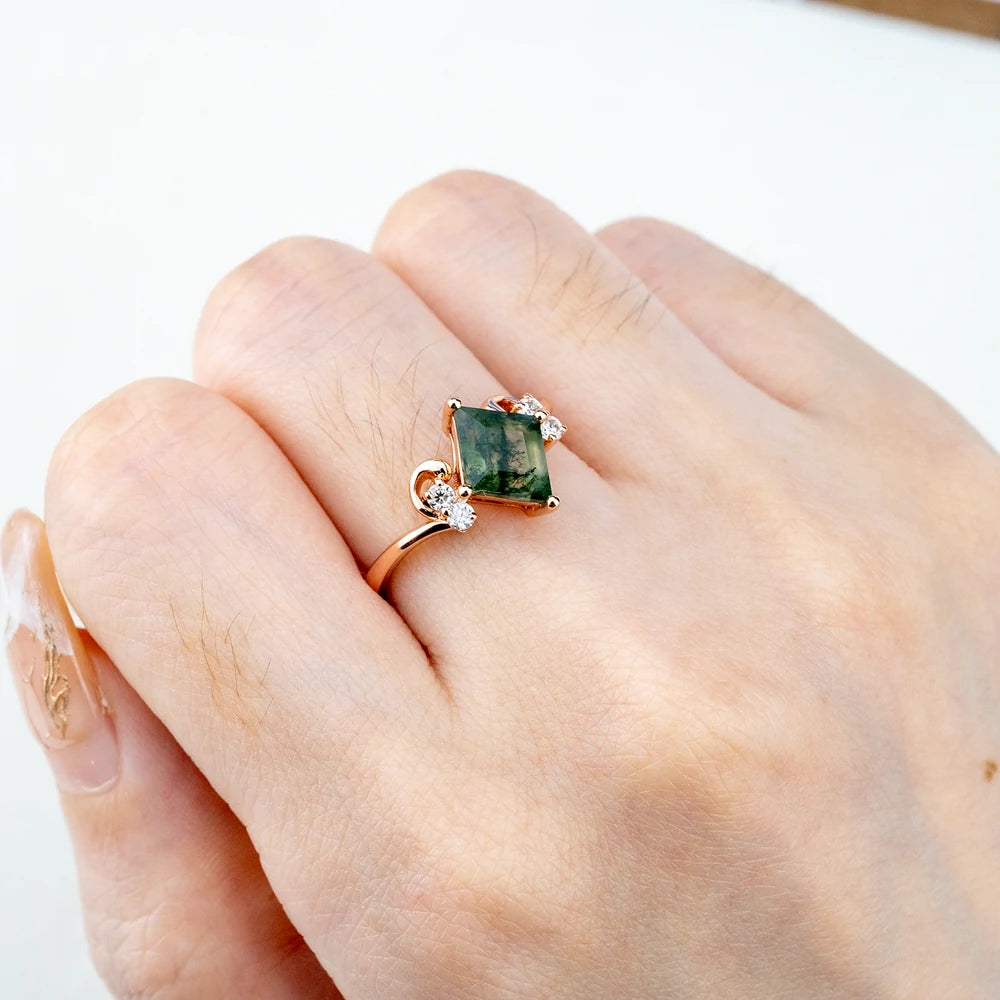 Custom Unique Princess Cut Moss Agate Ring | Zodiac Gold Ring - Aries For ladies anniversary gift