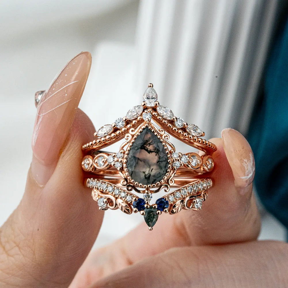 Luxurious Vintage Moss Agate Engagement Ring Set 3pcs Pear Cut Unique Rings - Trio Ring Sets Orleone