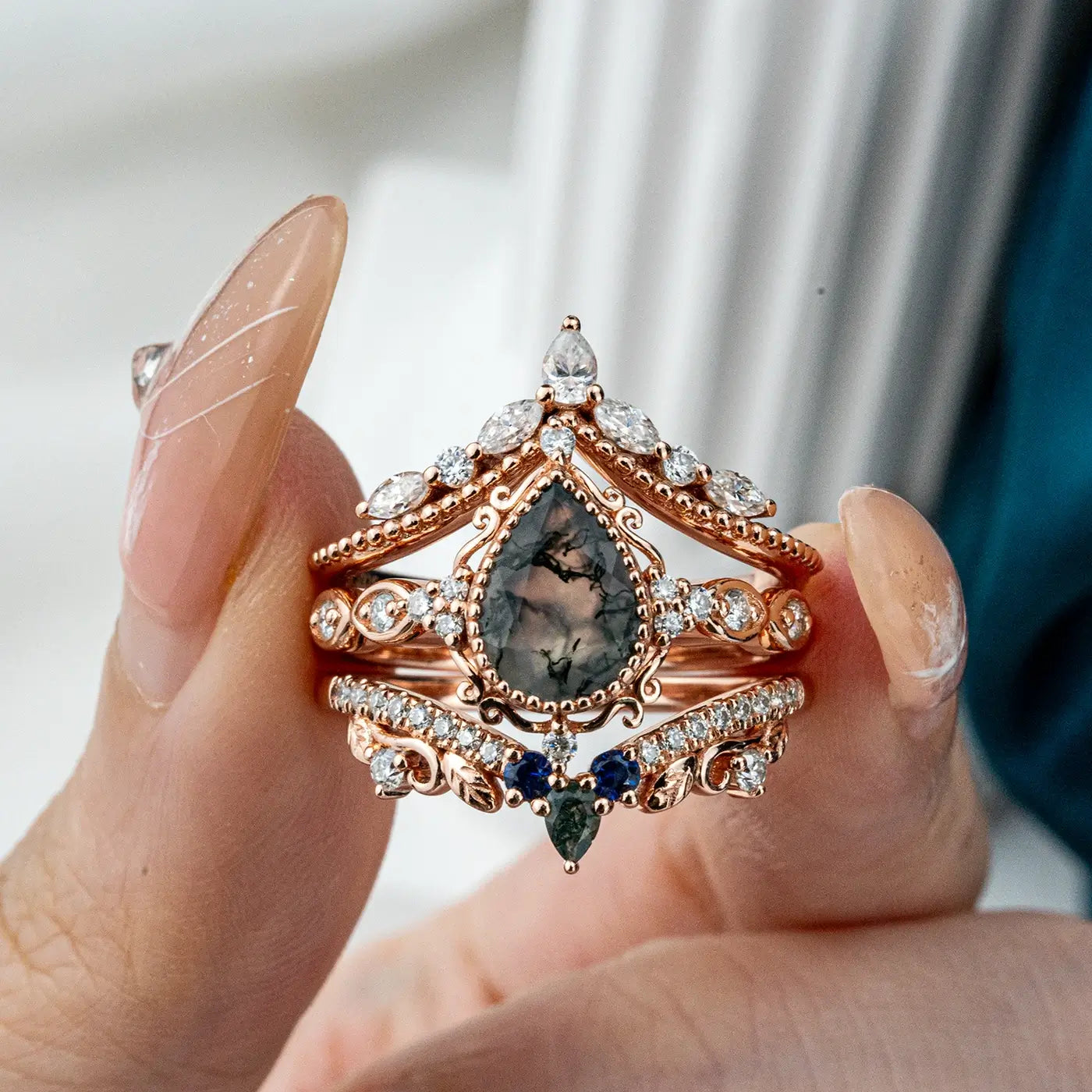 Luxurious Vintage Moss Agate Engagement Ring Set 3pcs Pear Cut Unique Rings - Trio Ring Sets Orleone