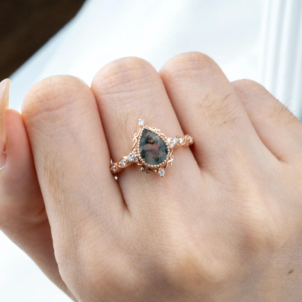 Handcrafted Pear Cut Moss Agate Engagement Rings – Vintage Bezel Set Ring custom promise ring