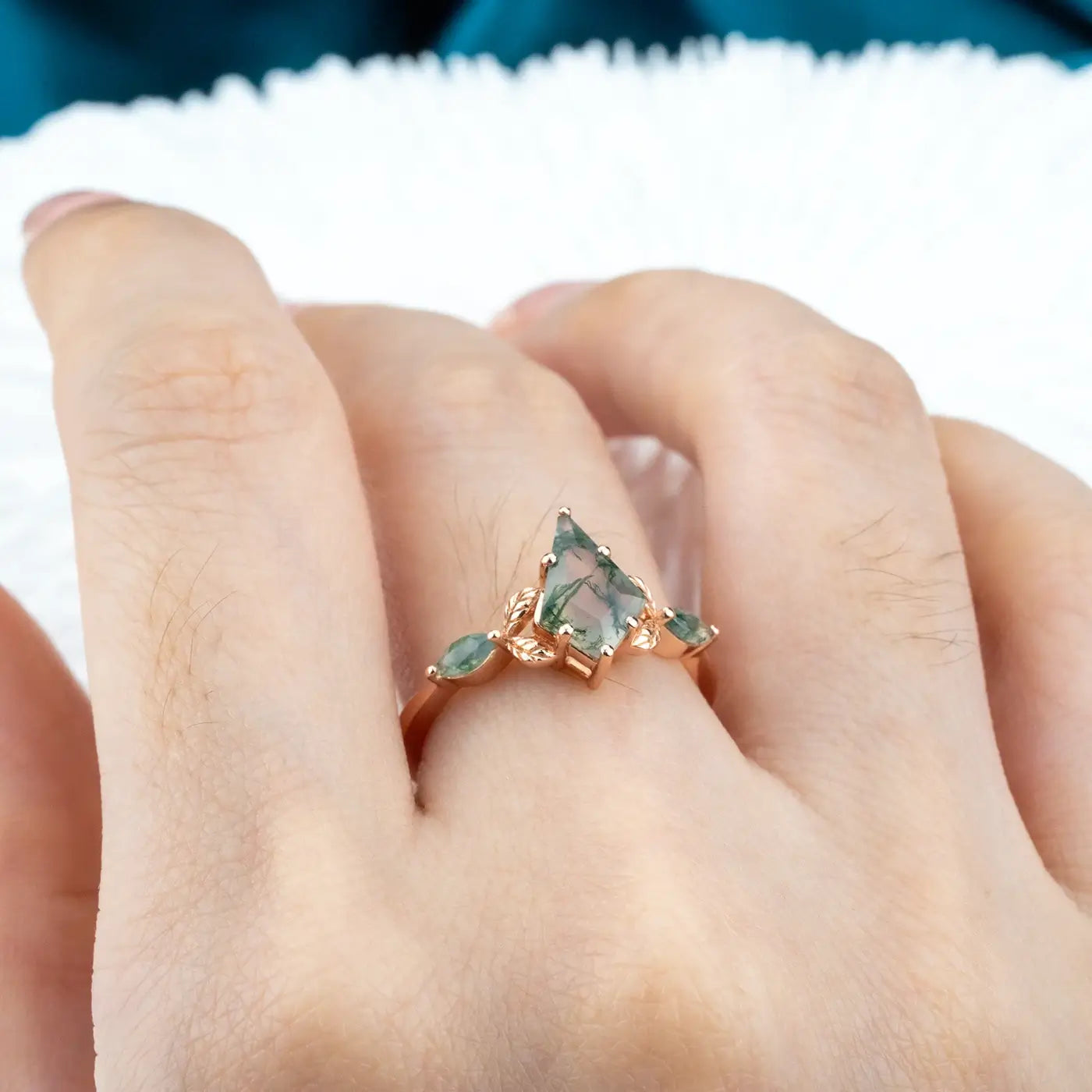 Leaf Kite Cut Moss Agate Rings – Rose Gold Nature-Inspired Jewelry For women anniversary engagement ring