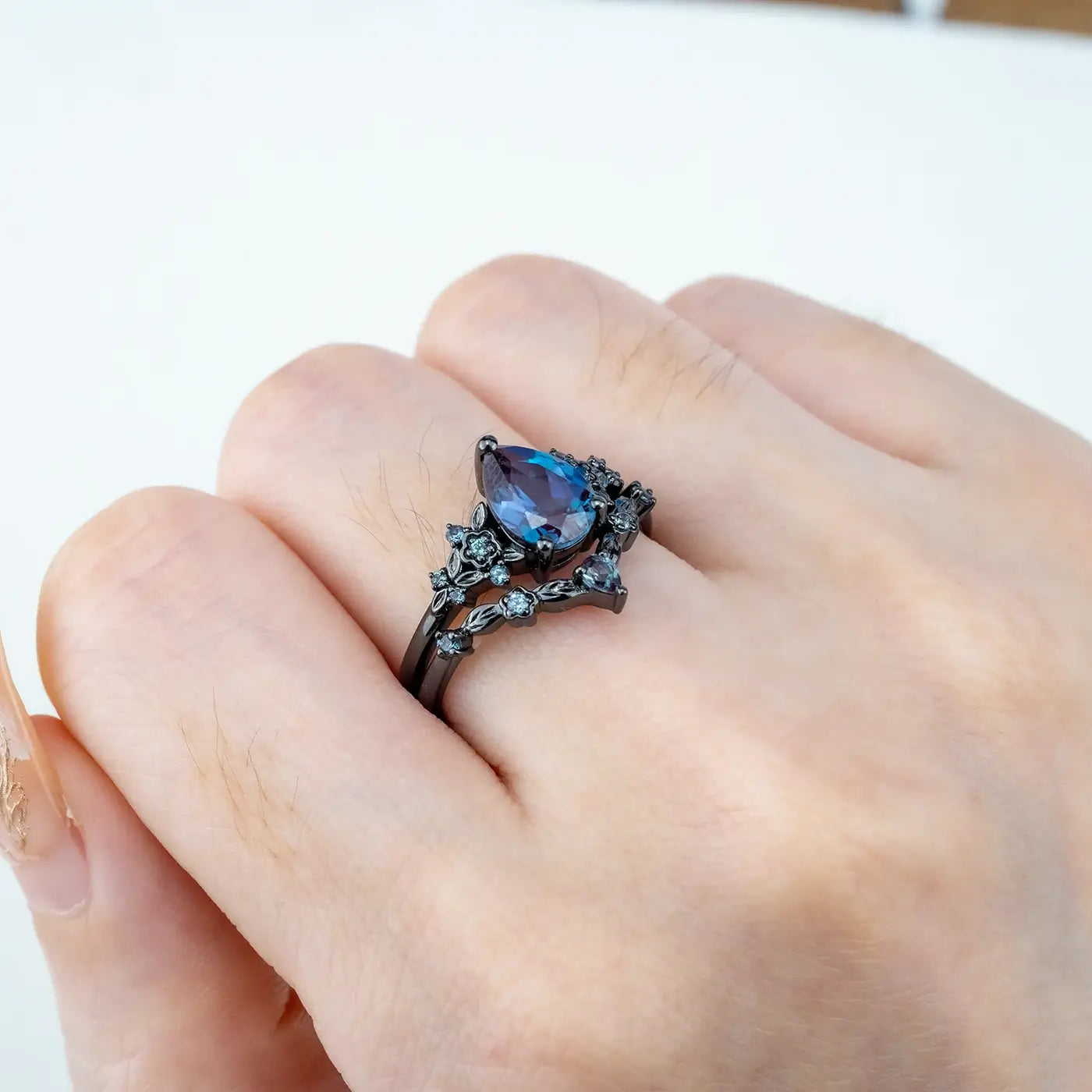 Black Gold Floral Alexandrite Ring Set – Unique Rhodium Black Bridal Artistic Jewelry Gothic Rings