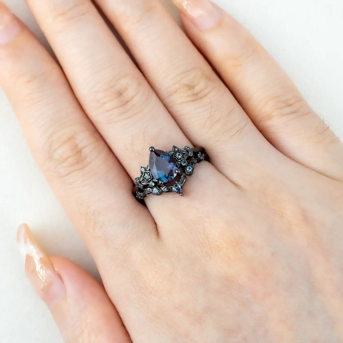 Black Gold Floral Alexandrite Ring Set – Unique Rhodium Black Bridal Artistic Jewelry Gothic Rings for women gift