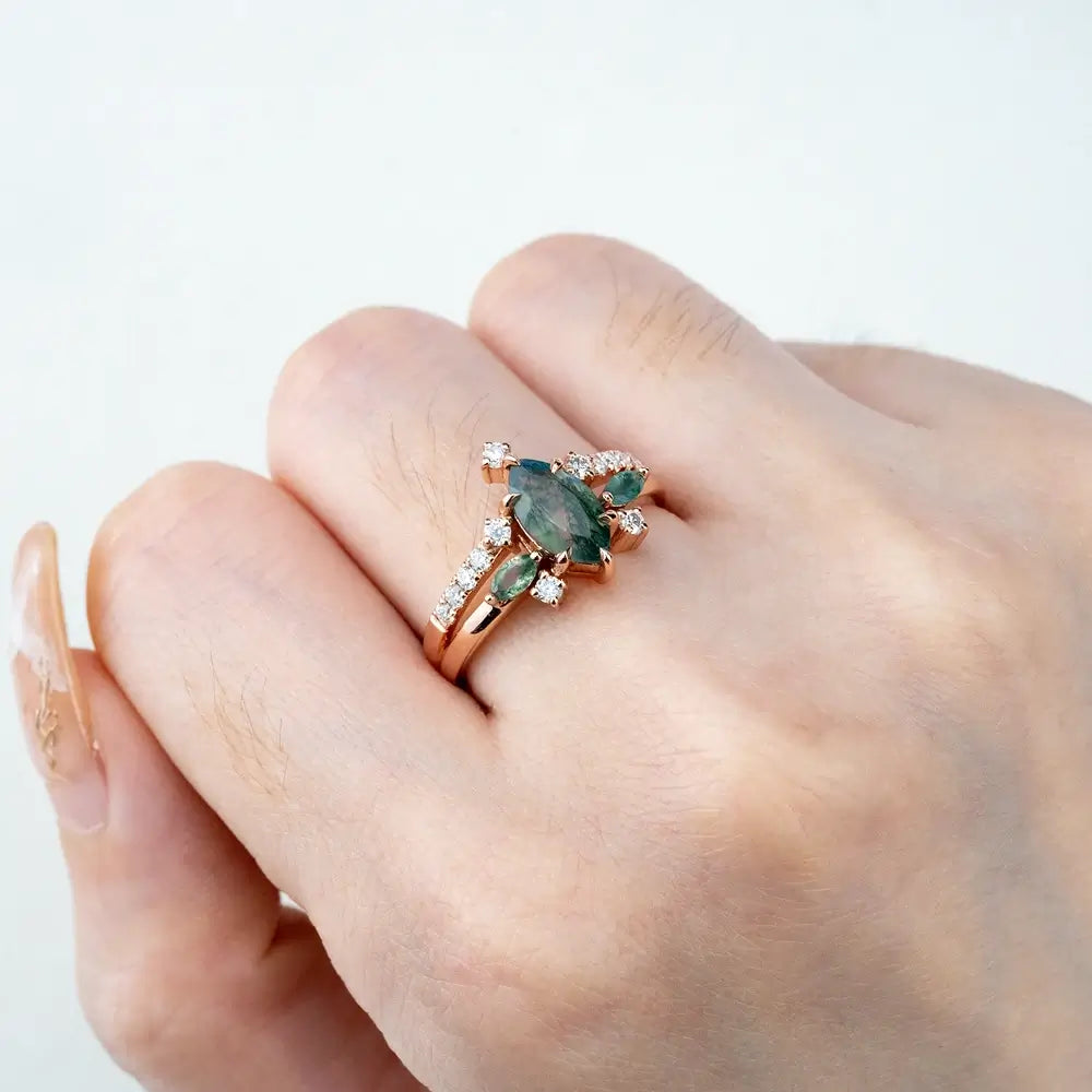 Marquise Moss Agate Engagement Rings – Unique Gothic Double Band Ring anniversary ring for ladies