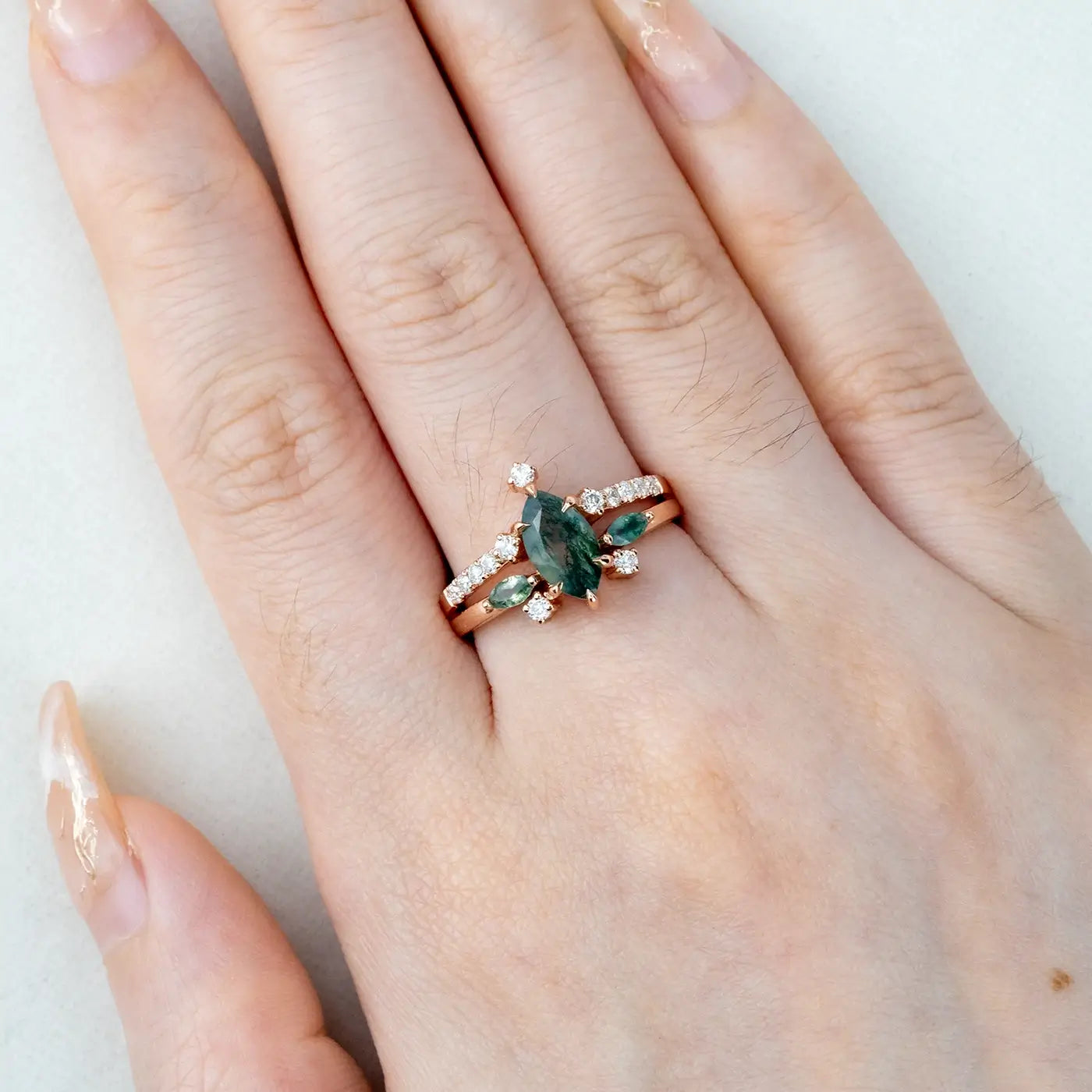 Marquise Moss Agate Engagement Rings – Unique Gothic Double Band Ring