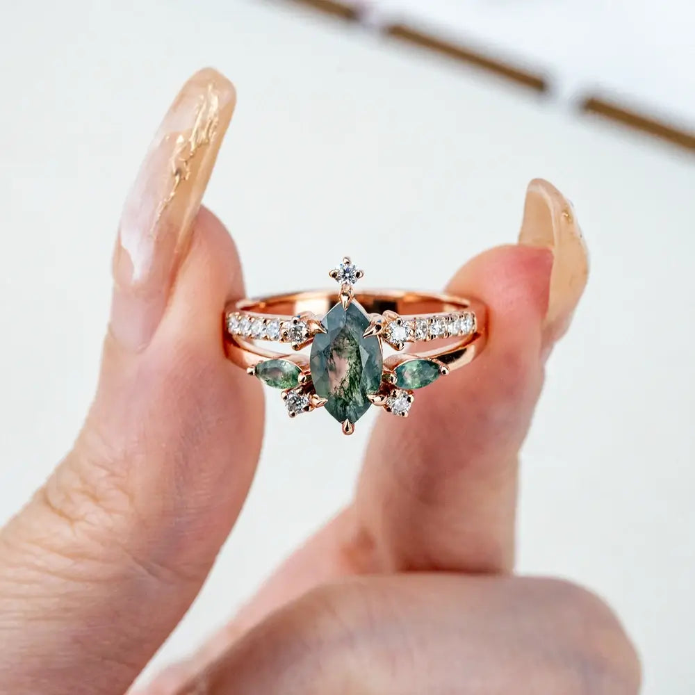 Marquise Moss Agate Engagement Rings – Unique Gothic Double Band Ring for women gift