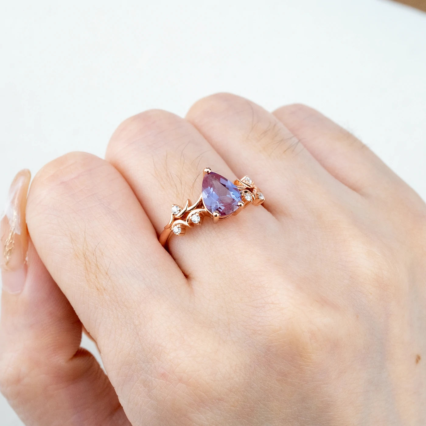 Pear Cut Alexandrite Engagement Rings Nature-Inspired Twig Promise Ring custom 18k rose gold ring for ladies