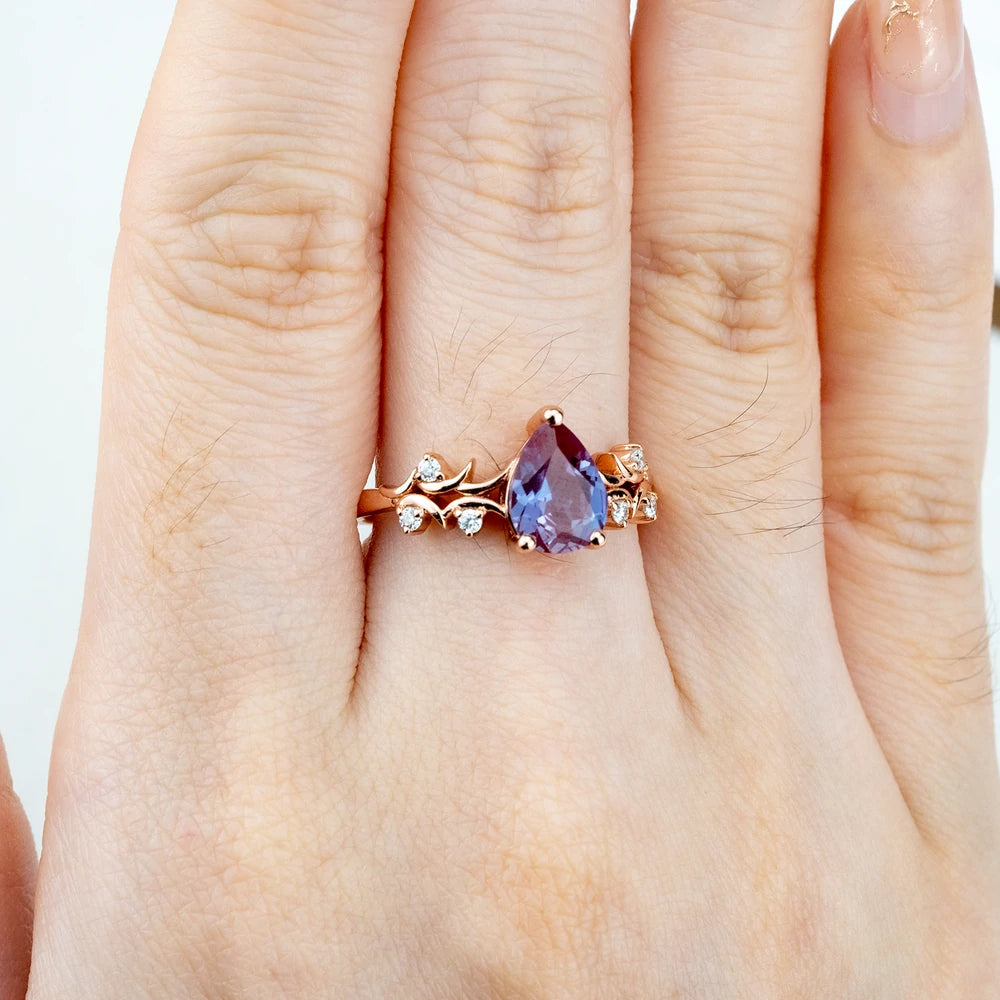 Pear Cut Alexandrite Engagement Rings Nature-Inspired Twig Promise Ring custom 18k rose gold ring for ladies gift