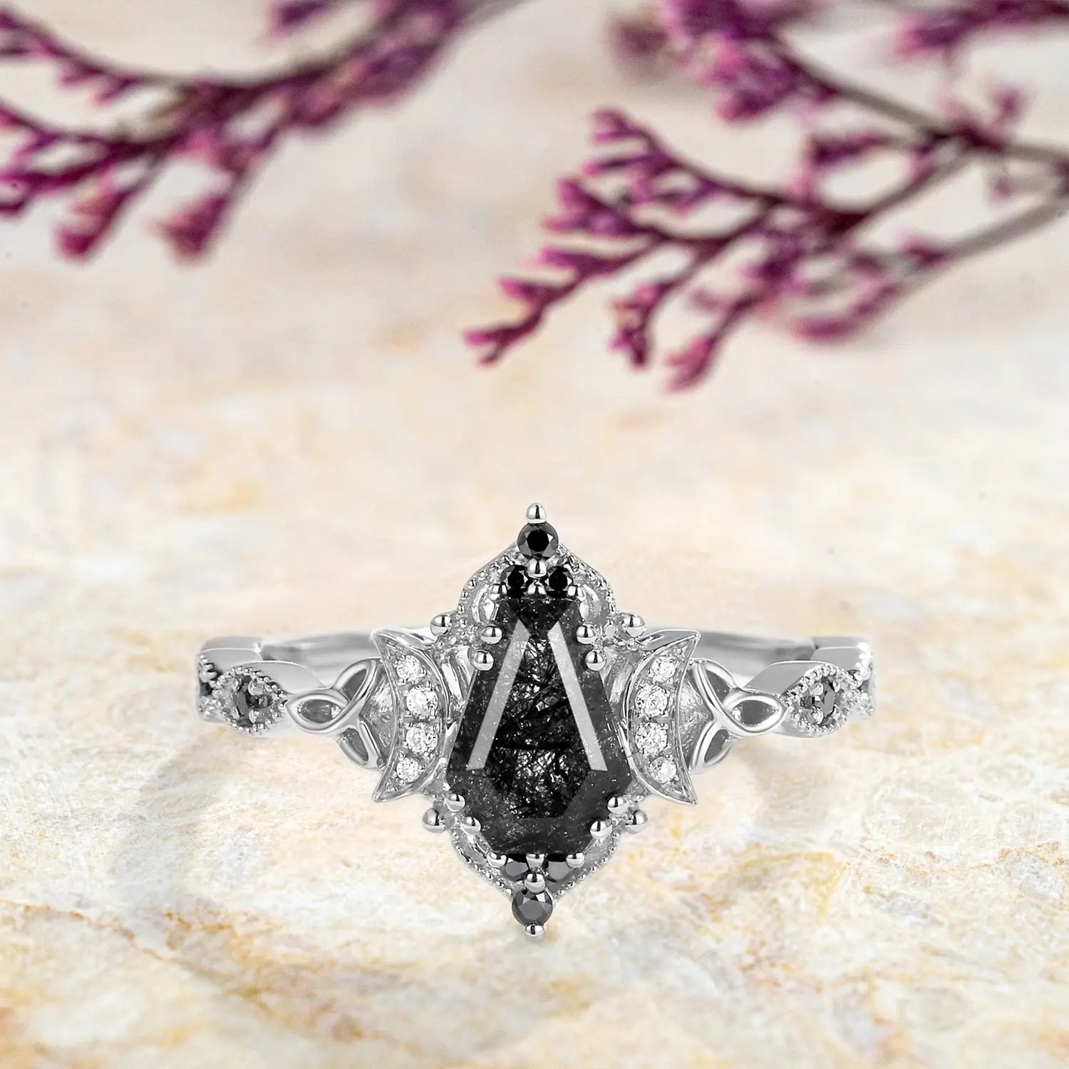 Unique Coffin Cut Black Rutilated Quartz Engagement Ring - Flora Rings custom white gold rings for ladies