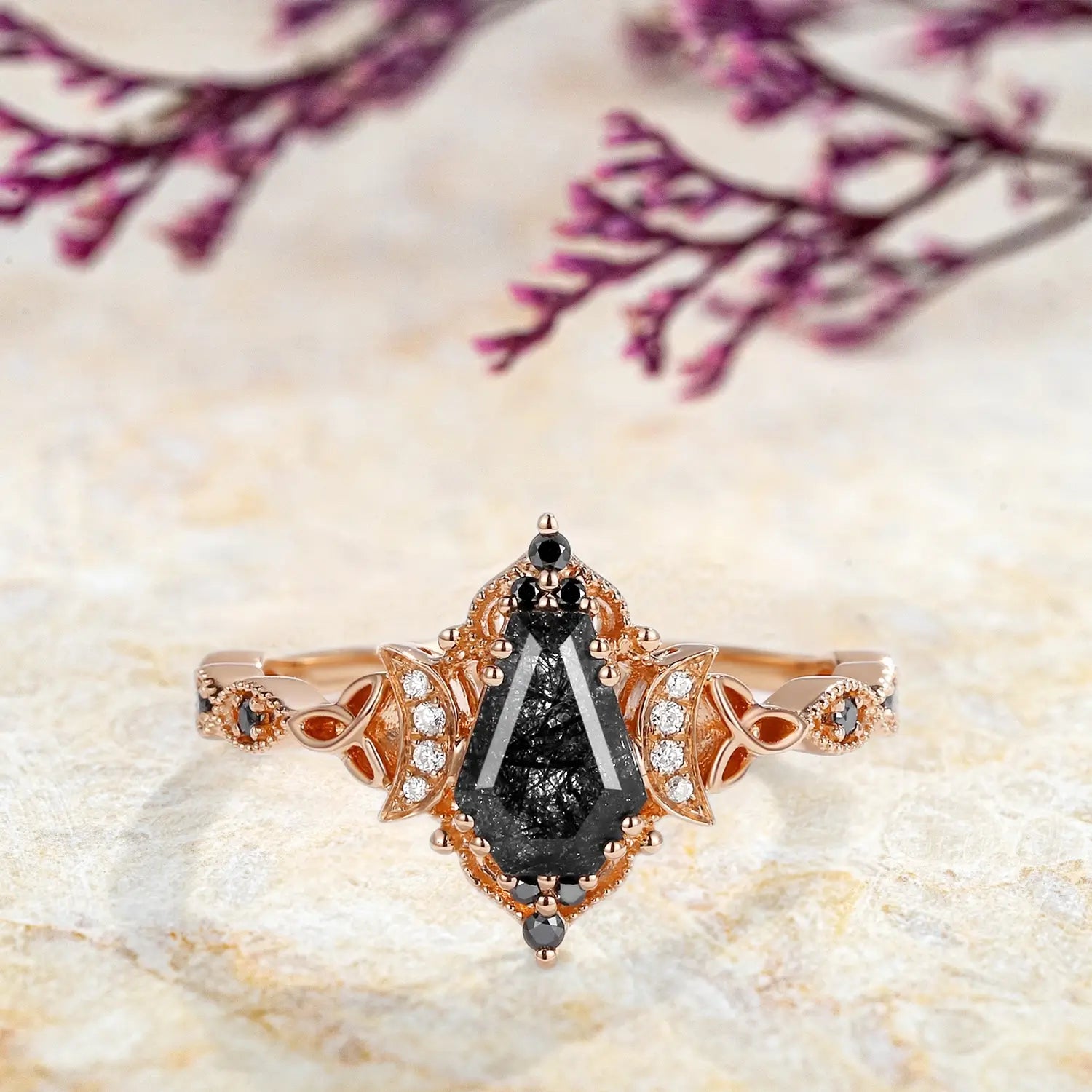 Unique Coffin Cut Black Rutilated Quartz Engagement Ring - Flora Rings custom yellow gold rings for ladies