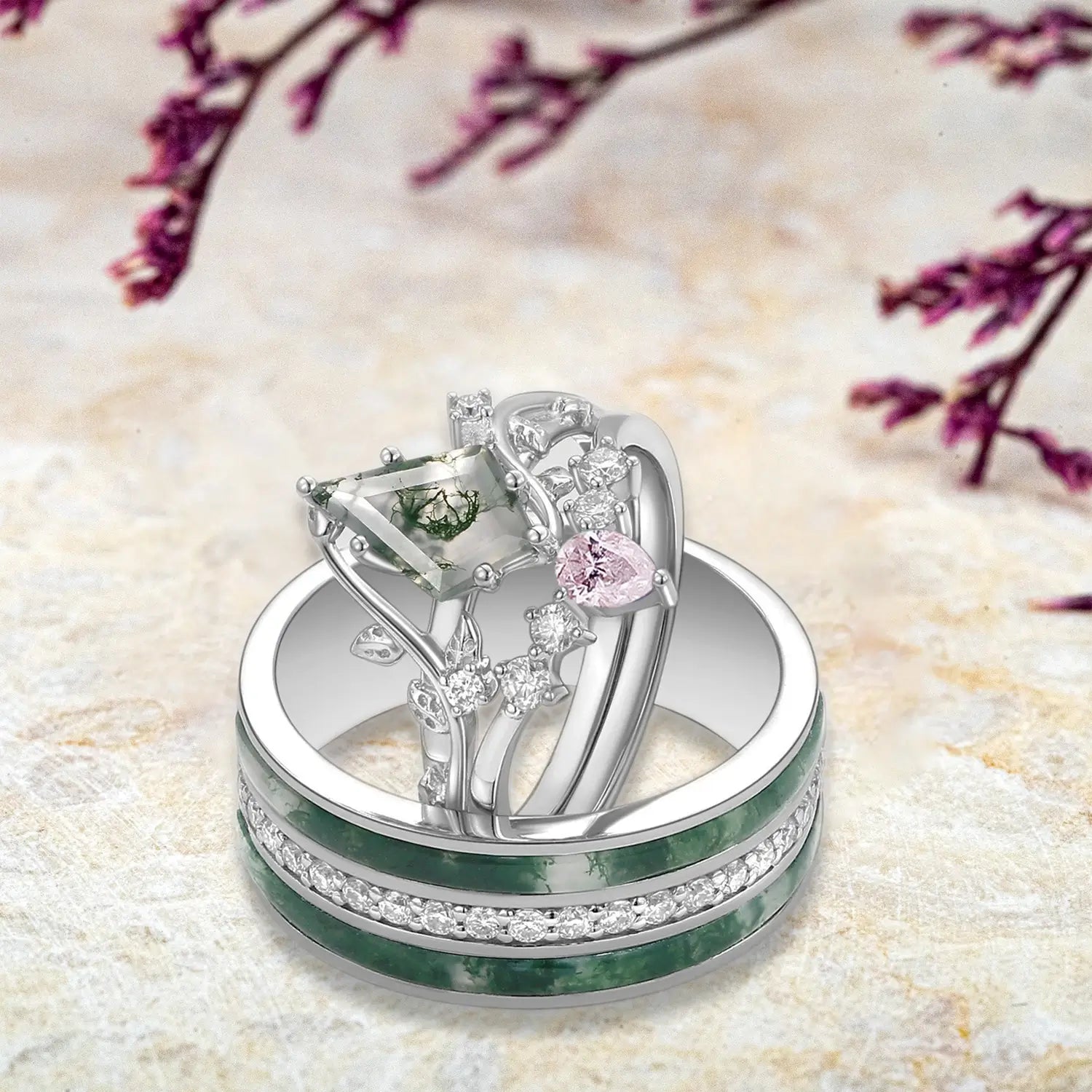 Nature-Inspired Moss Agate Gold Couple Ring Set – Handmade 3PCS