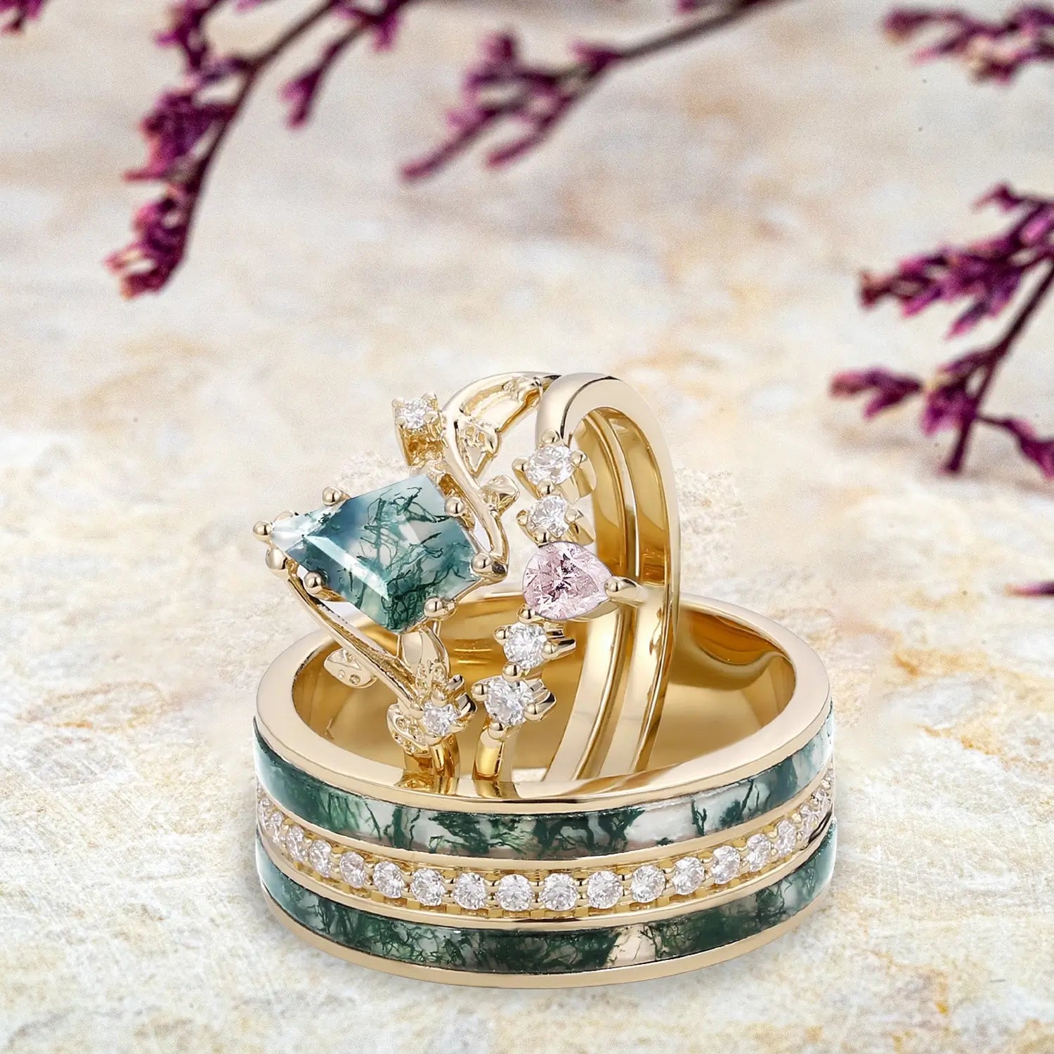 Nature-Inspired Moss Agate Gold Couple Ring Set – Handmade 3PCS