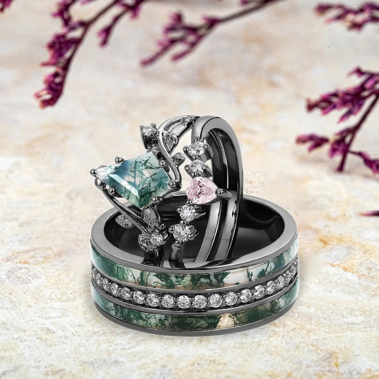 Nature-Inspired Moss Agate Gold Couple Ring Set – Handmade 3PCS