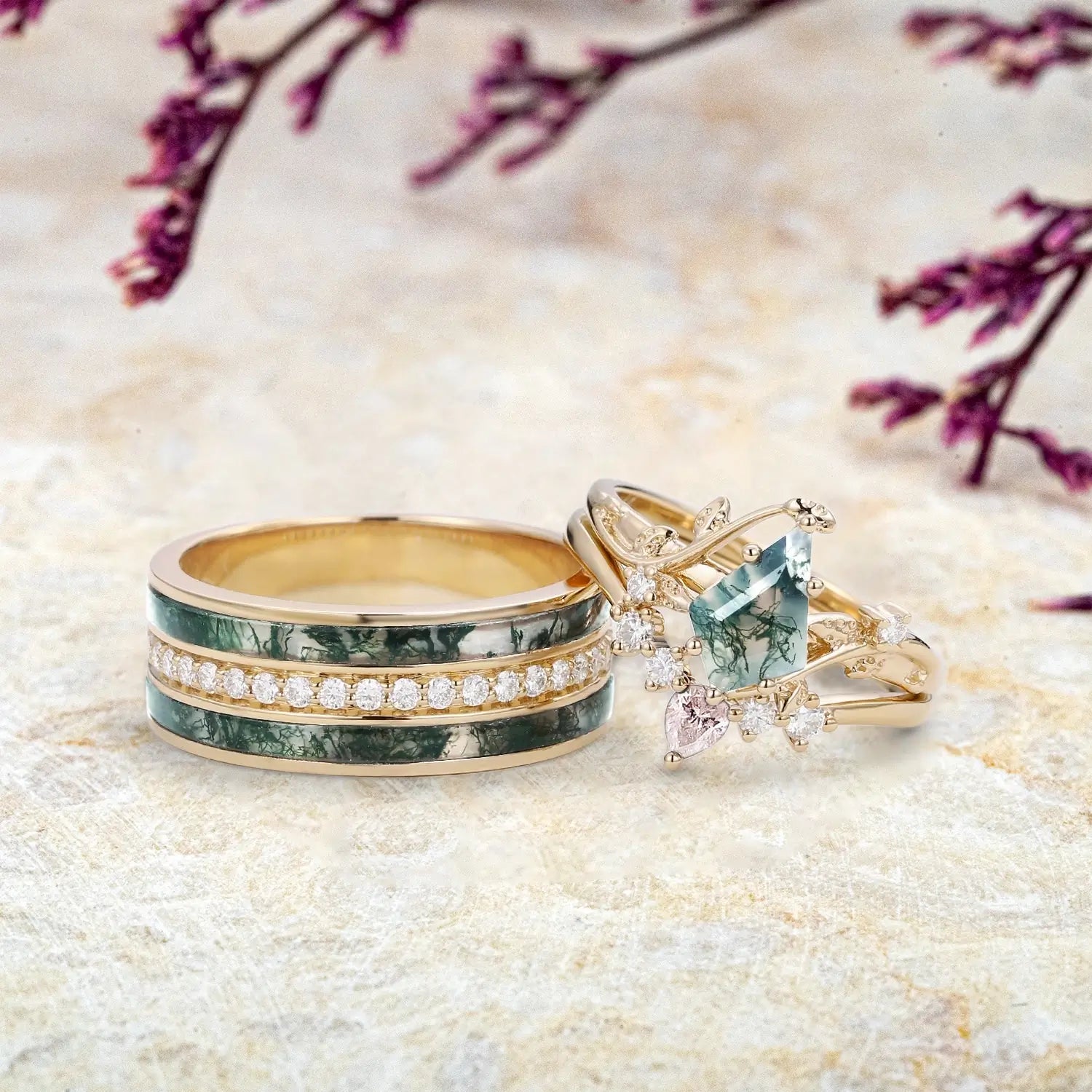 Nature-Inspired Moss Agate Gold Couple Ring Set – Handmade 3PCS