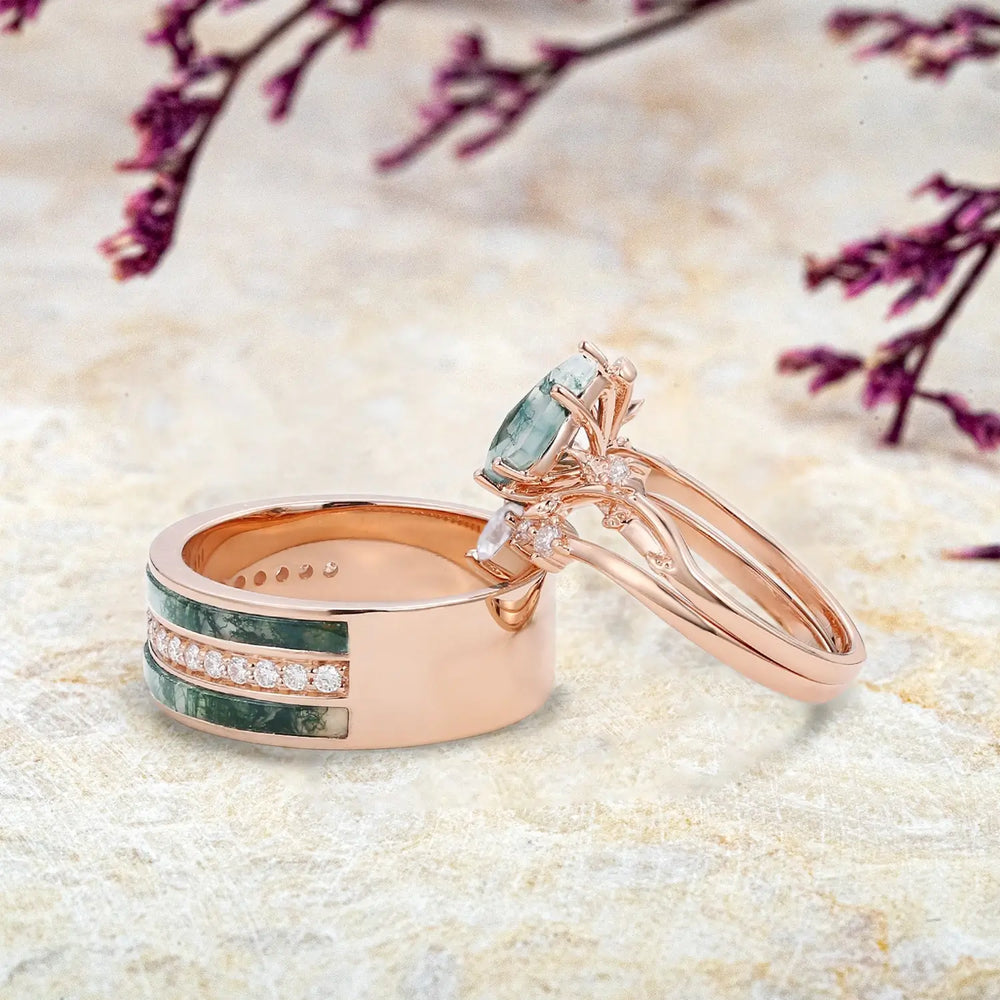 moss agate engagement ring set, close-up gemstone detail with nature-inspired handcrafted jewelry details