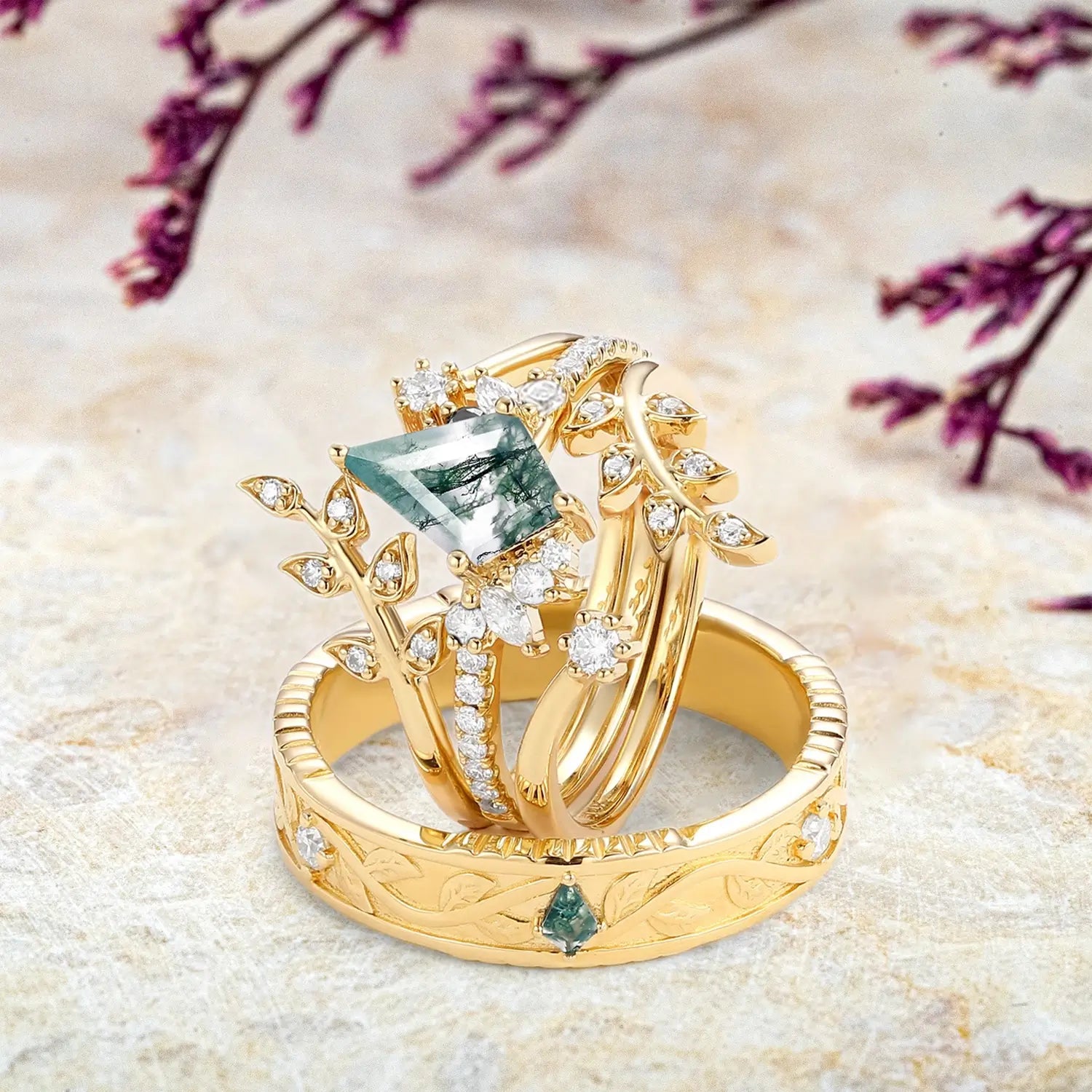 Moss Agate Couple Ring Set 4pcs – Custom Nature-Inspired Leaf Rings women&men wedding ring anniversary rings