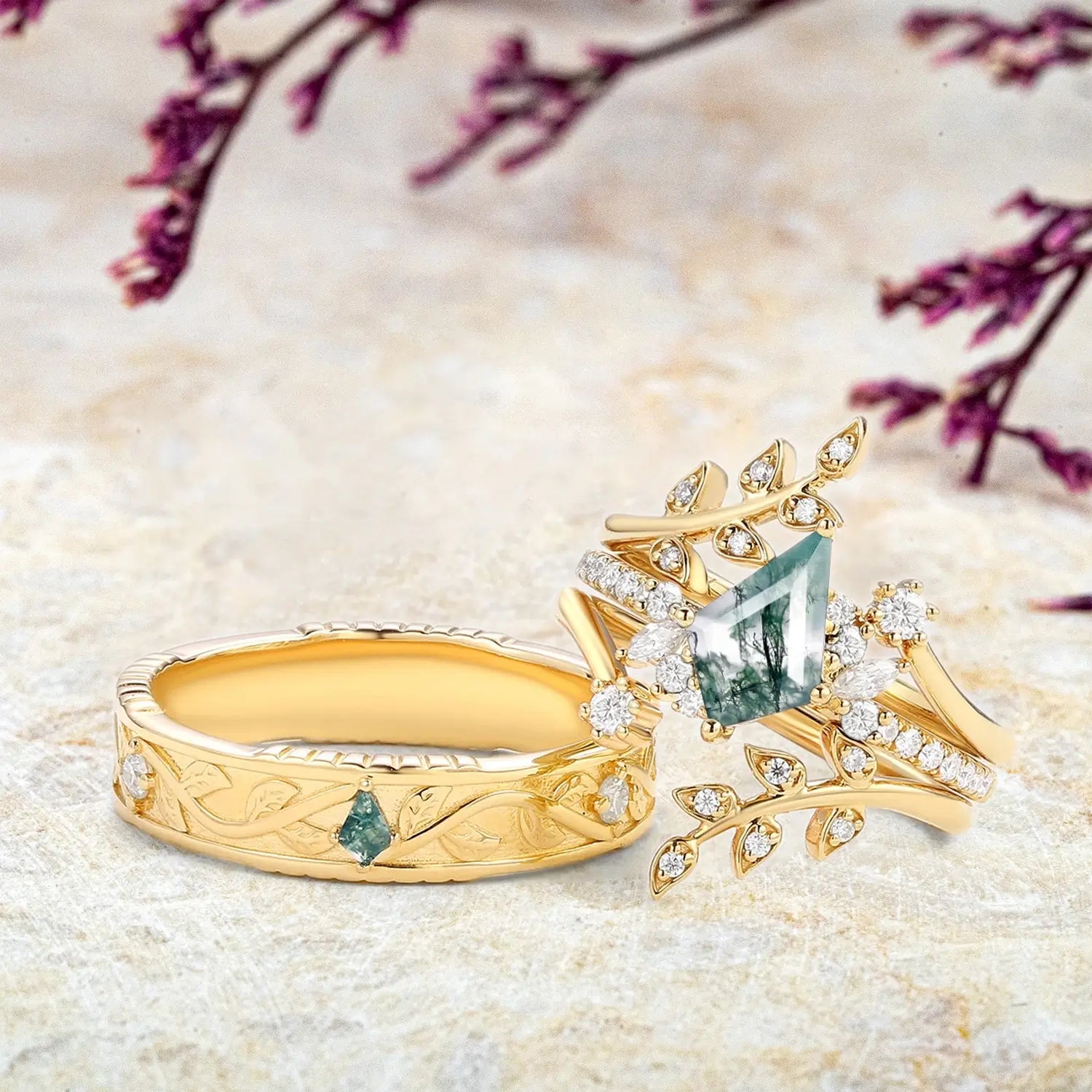 Moss Agate Couple Ring Set 4pcs – Custom Nature-Inspired Leaf Rings women&men wedding ring anniversary rings
