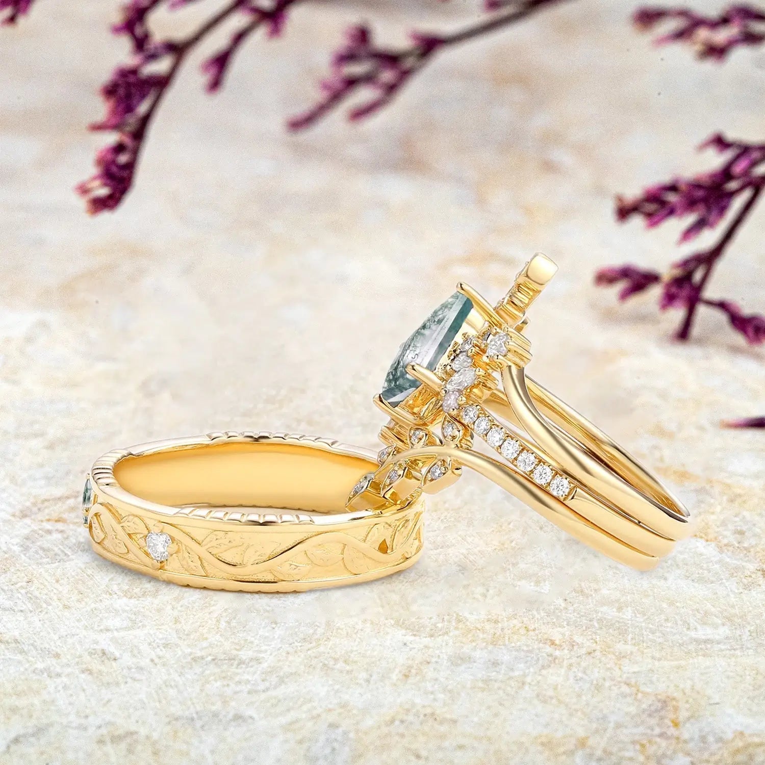 Moss Agate Couple Ring Set 4pcs – Custom Nature-Inspired Leaf Rings women&men wedding ring anniversary rings