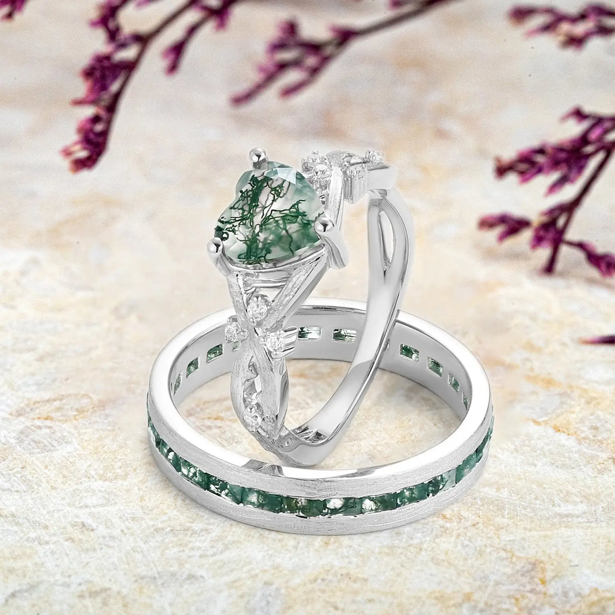 Heart Shape Moss Agate Couple Ring Set – Infinity Leaf Rings White Gold men bands - Eternity Rings