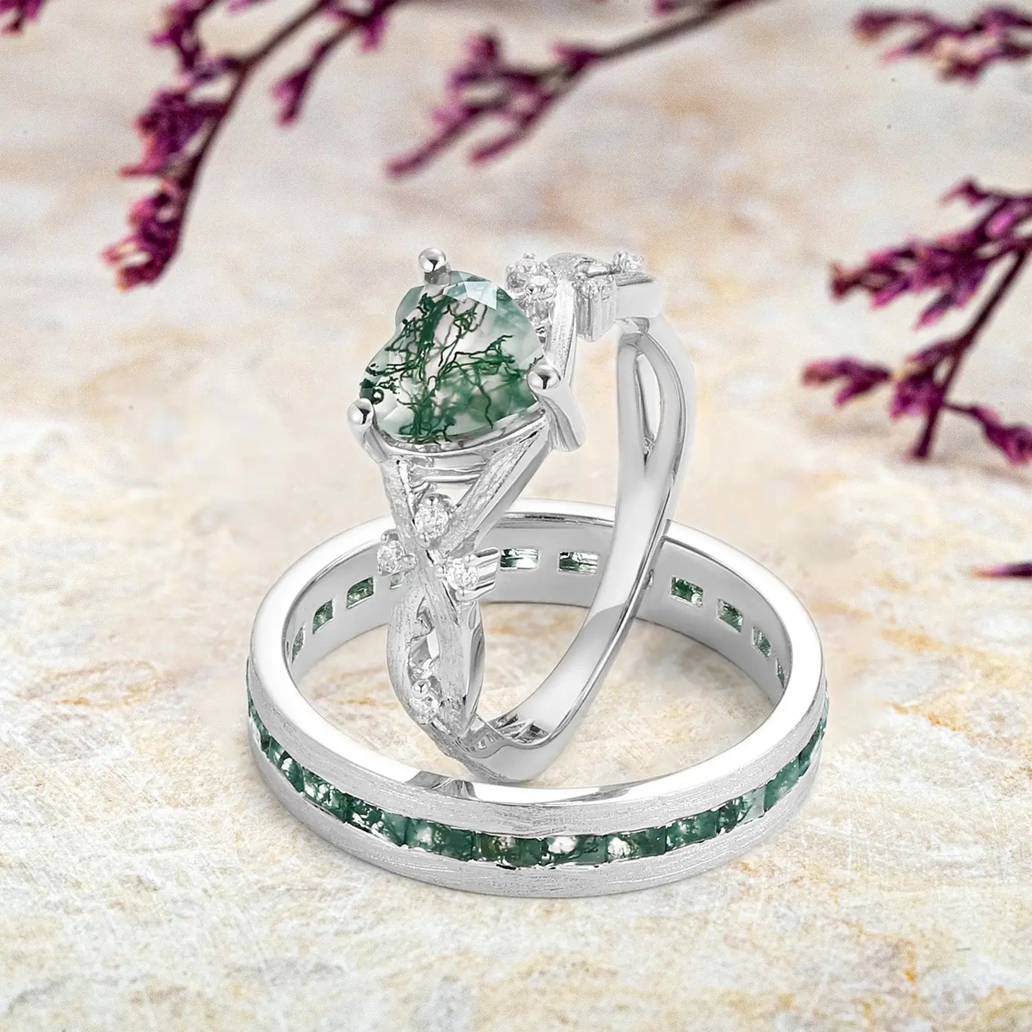 Heart Shape Moss Agate Couple Ring Set – Infinity Leaf Rings White Gold men bands - Eternity Rings